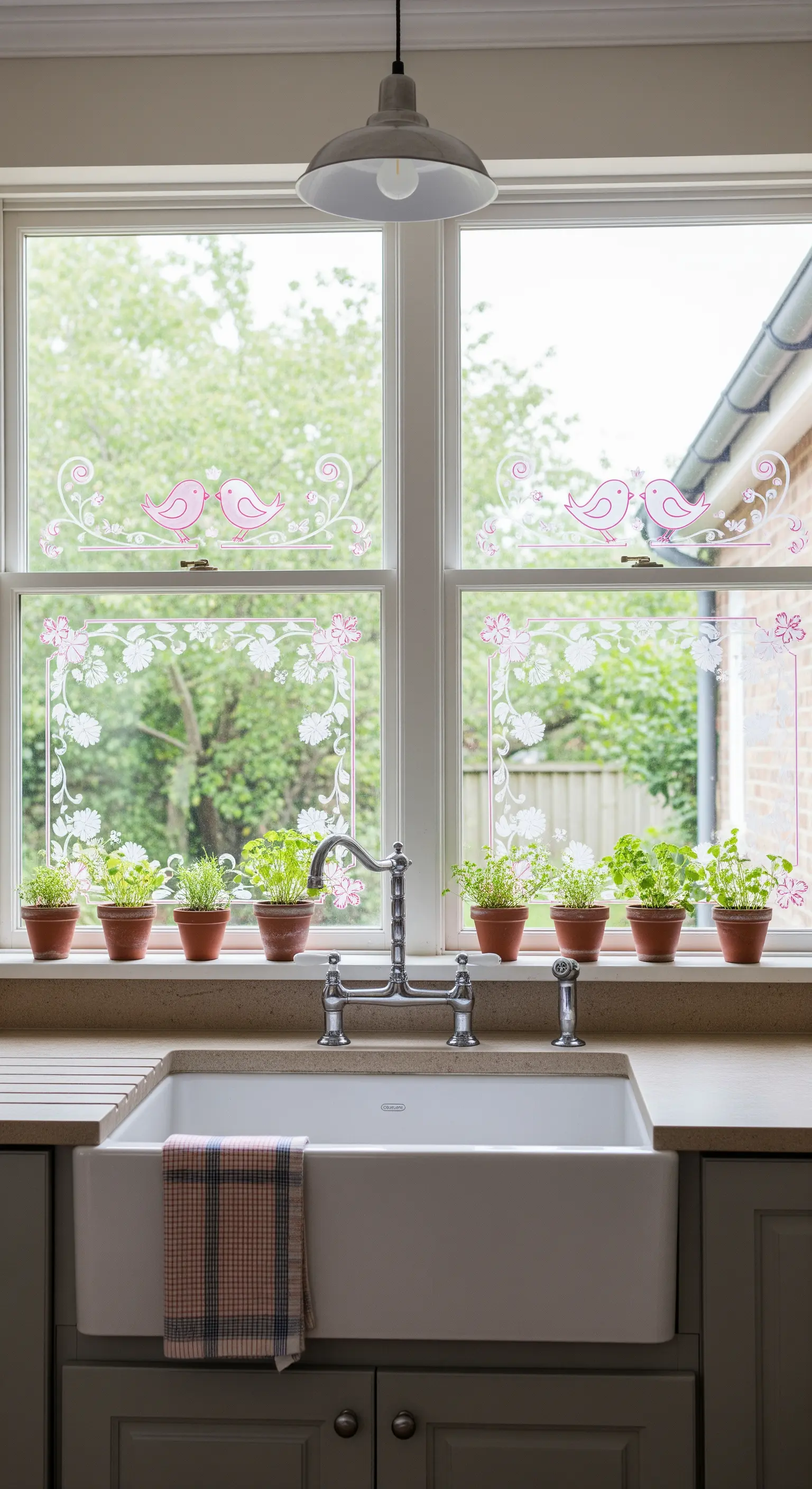 Zarte Fenstersticker mit Vögeln und Ornamenten an einem Küchenfenster über der Spüle.