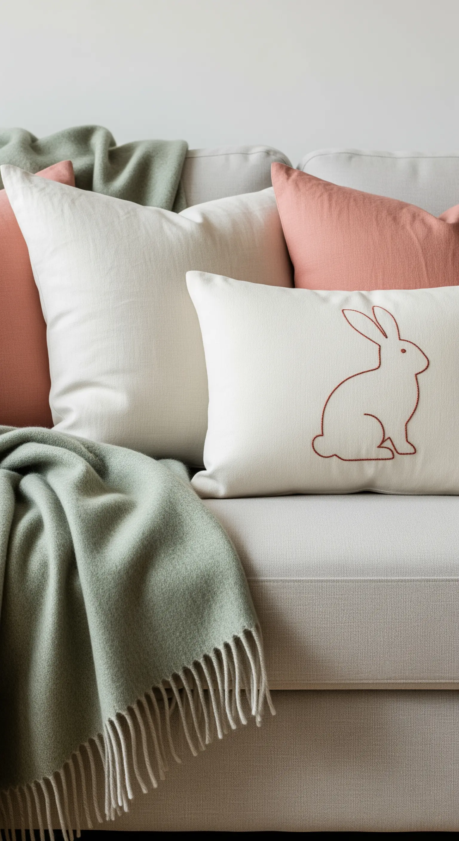 Detailaufnahme eines Sofas mit einem bestickten Hasen-Kissen und Kissen in Salbei und Rosa.