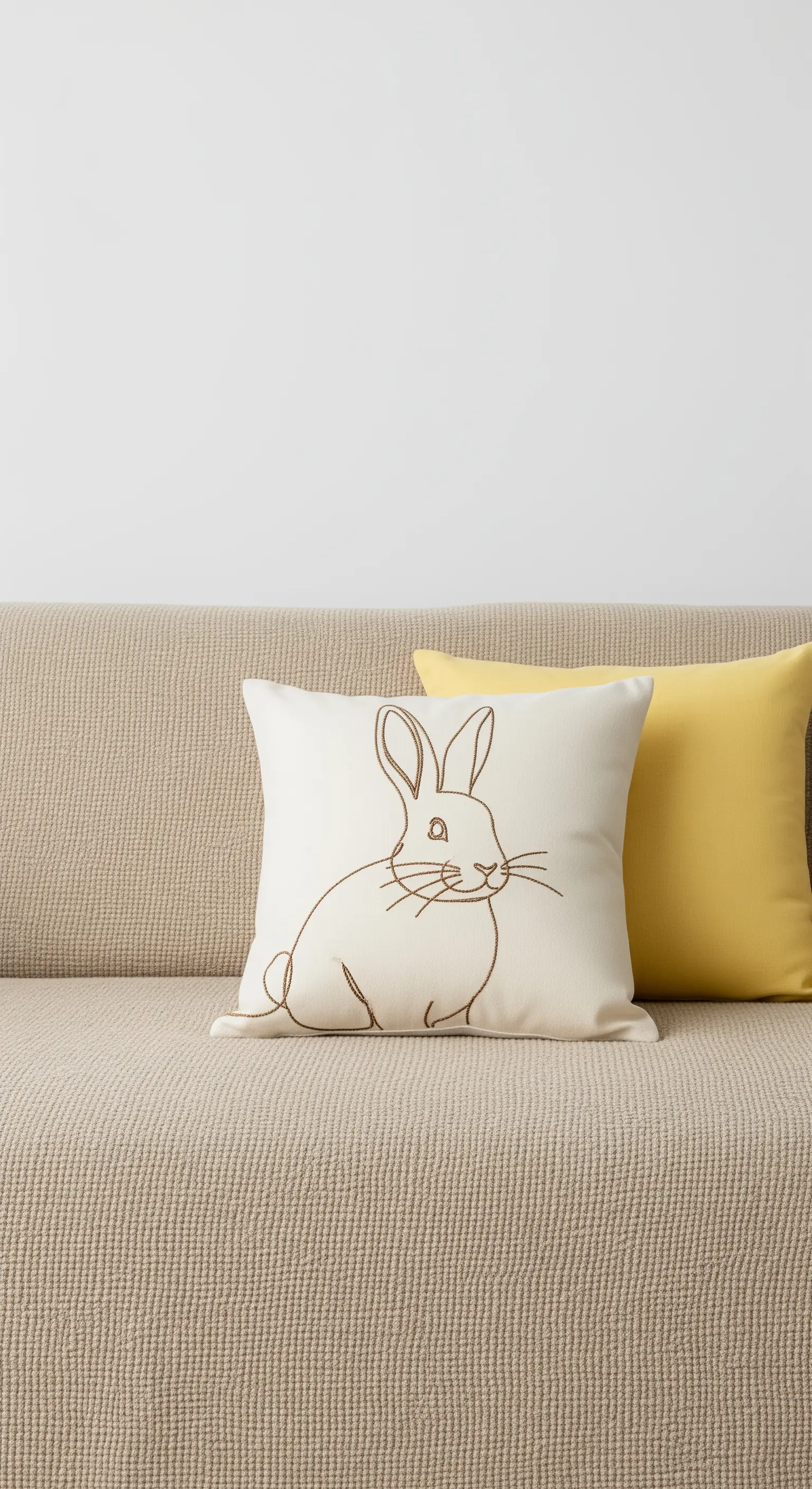 Ein Kissen mit einer gestickten Hasen-Kontur auf einem beigen Sofa.