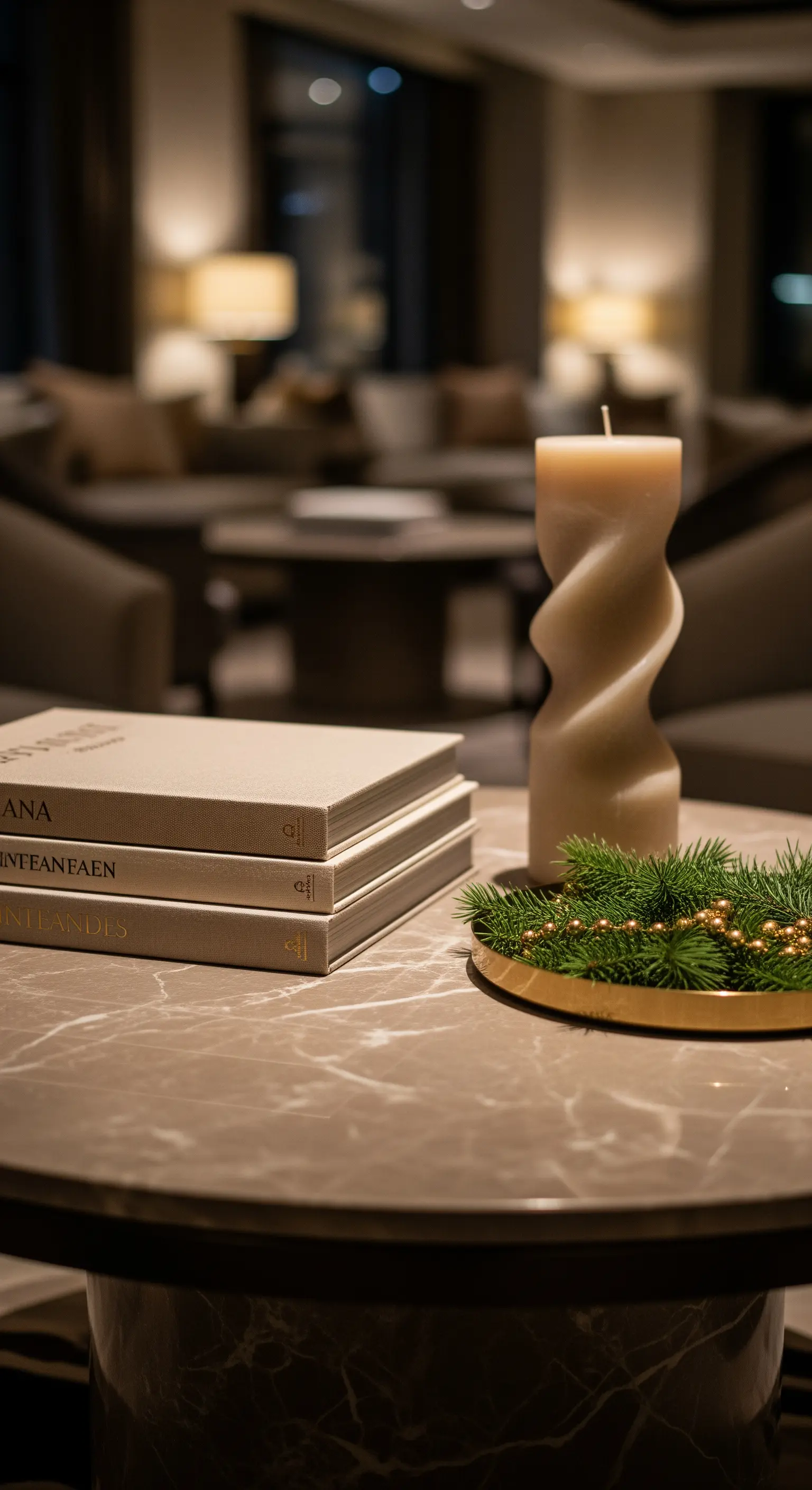 Couchtisch mit Büchern, gedrehter Kerze und Kiefernzweigen