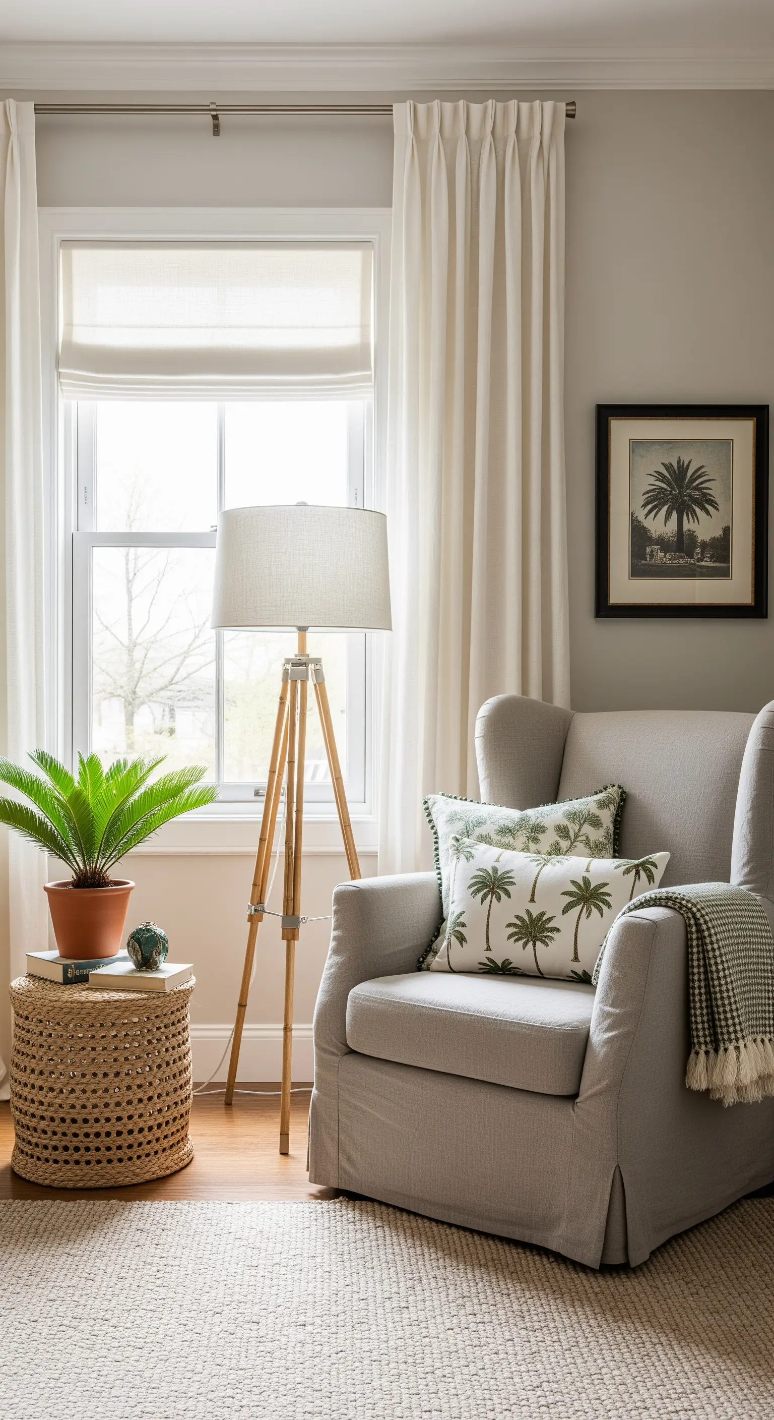 Leseecke mit beigem Sessel, Palmen-Kissen und Rattan-Beistelltisch