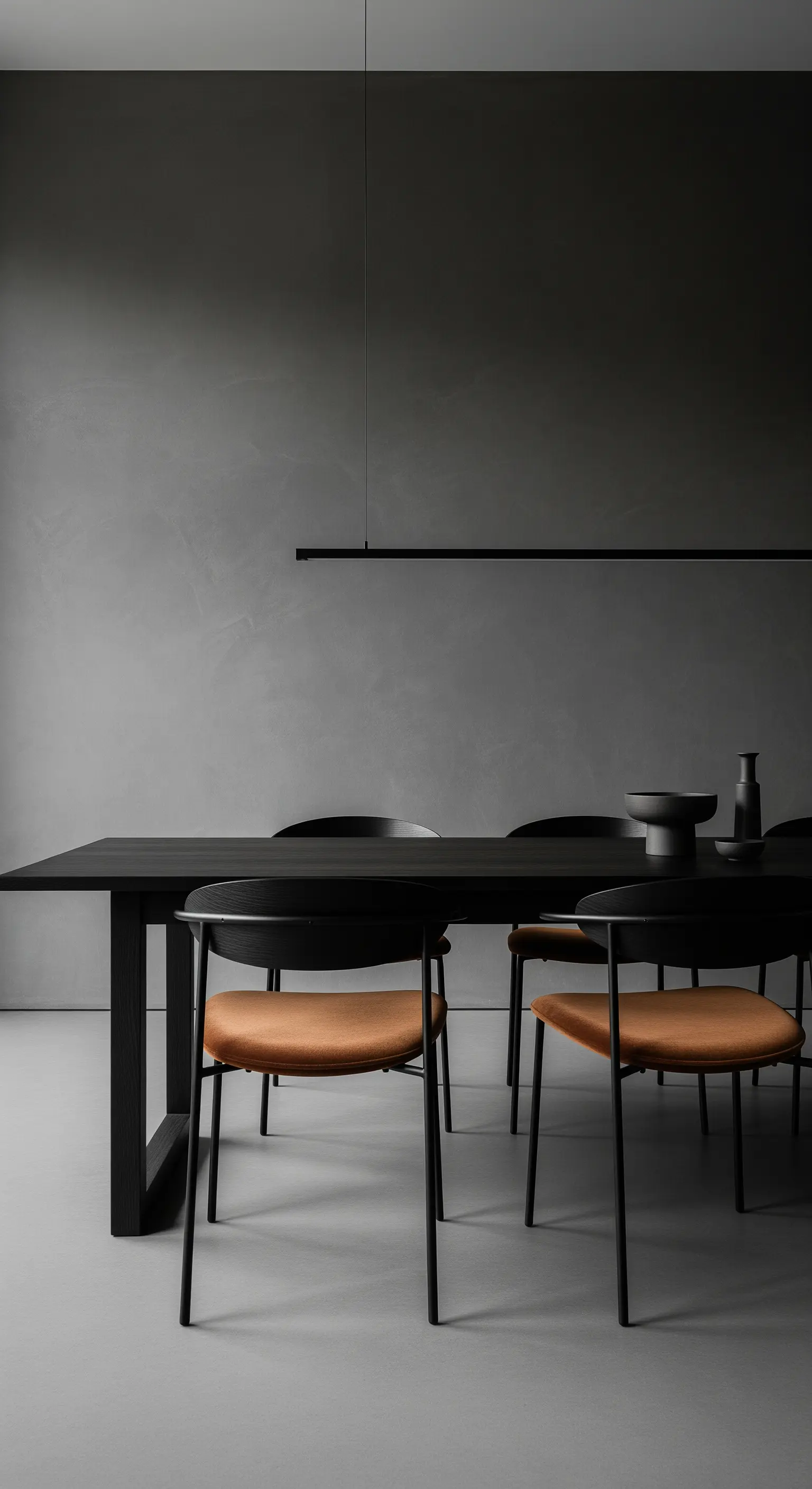 Minimalistischer Essbereich mit schwarzem Tisch und Stühlen mit cognacfarbenen Samtsitzen