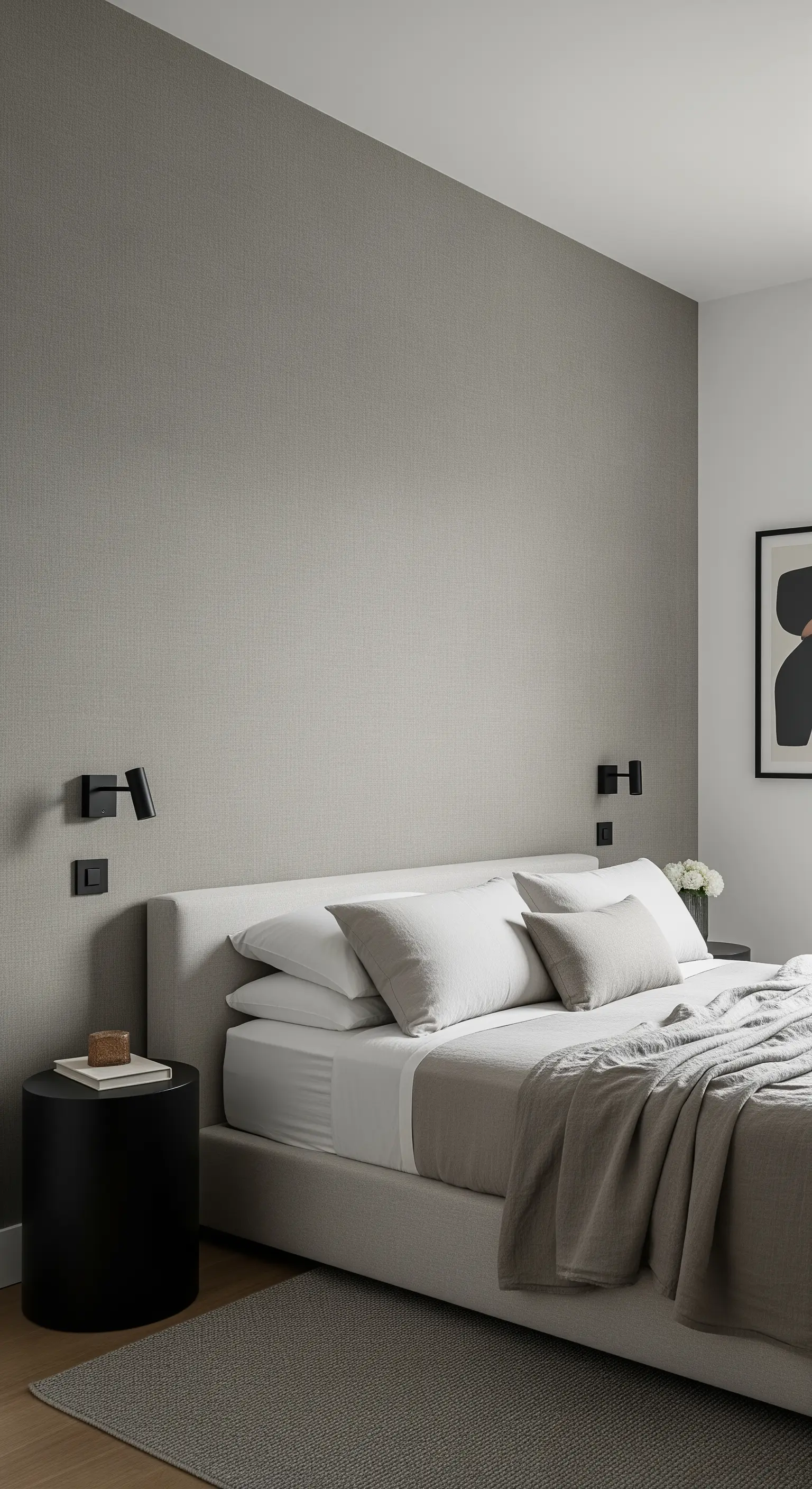 Minimalistisches Schlafzimmer mit grauer Leinentapete und schwarzen Akzenten.