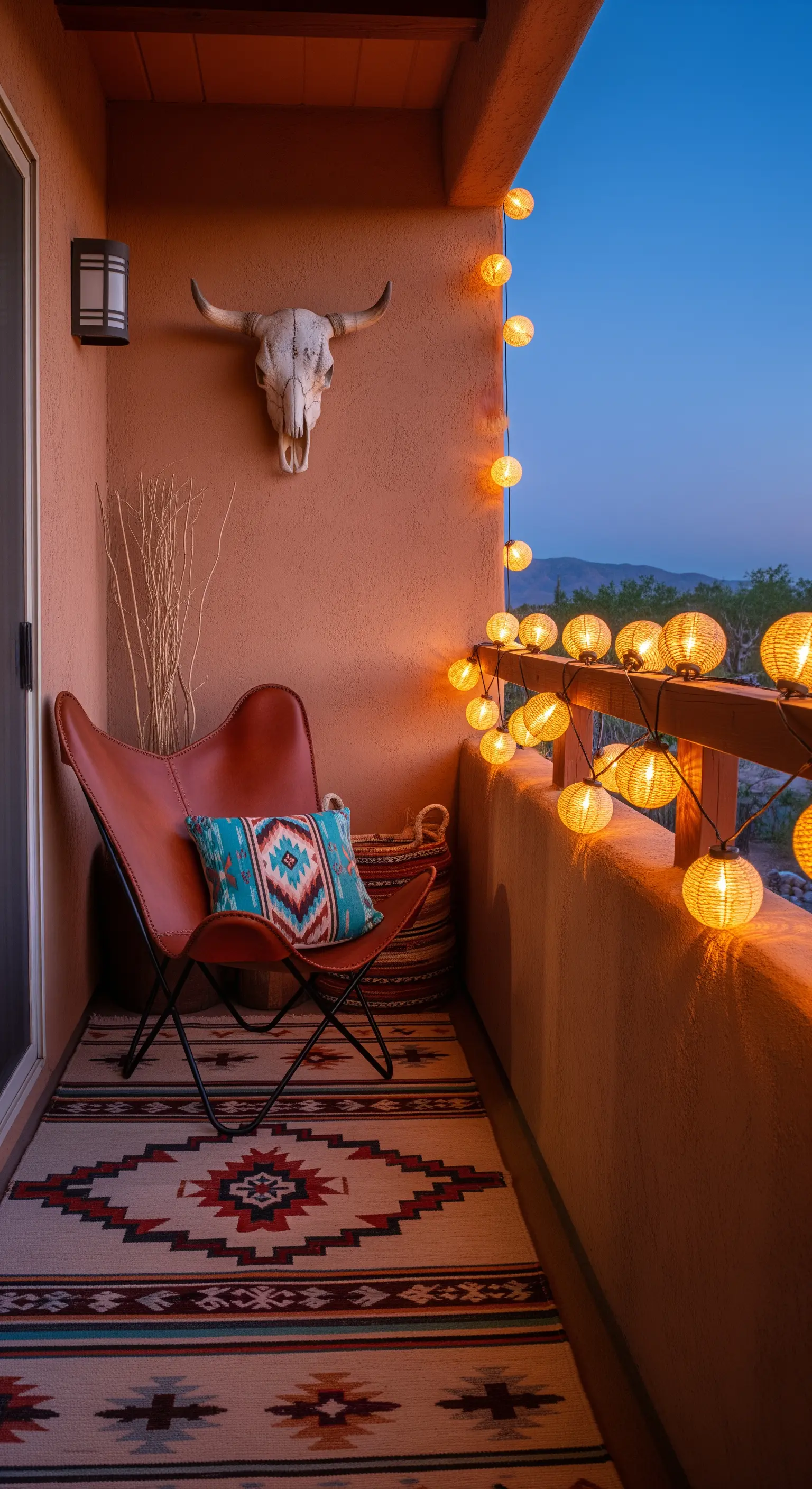 Balkon im Southwestern-Stil mit Ledersessel, Terrakotta-Wand und Lampion-Lichterkette