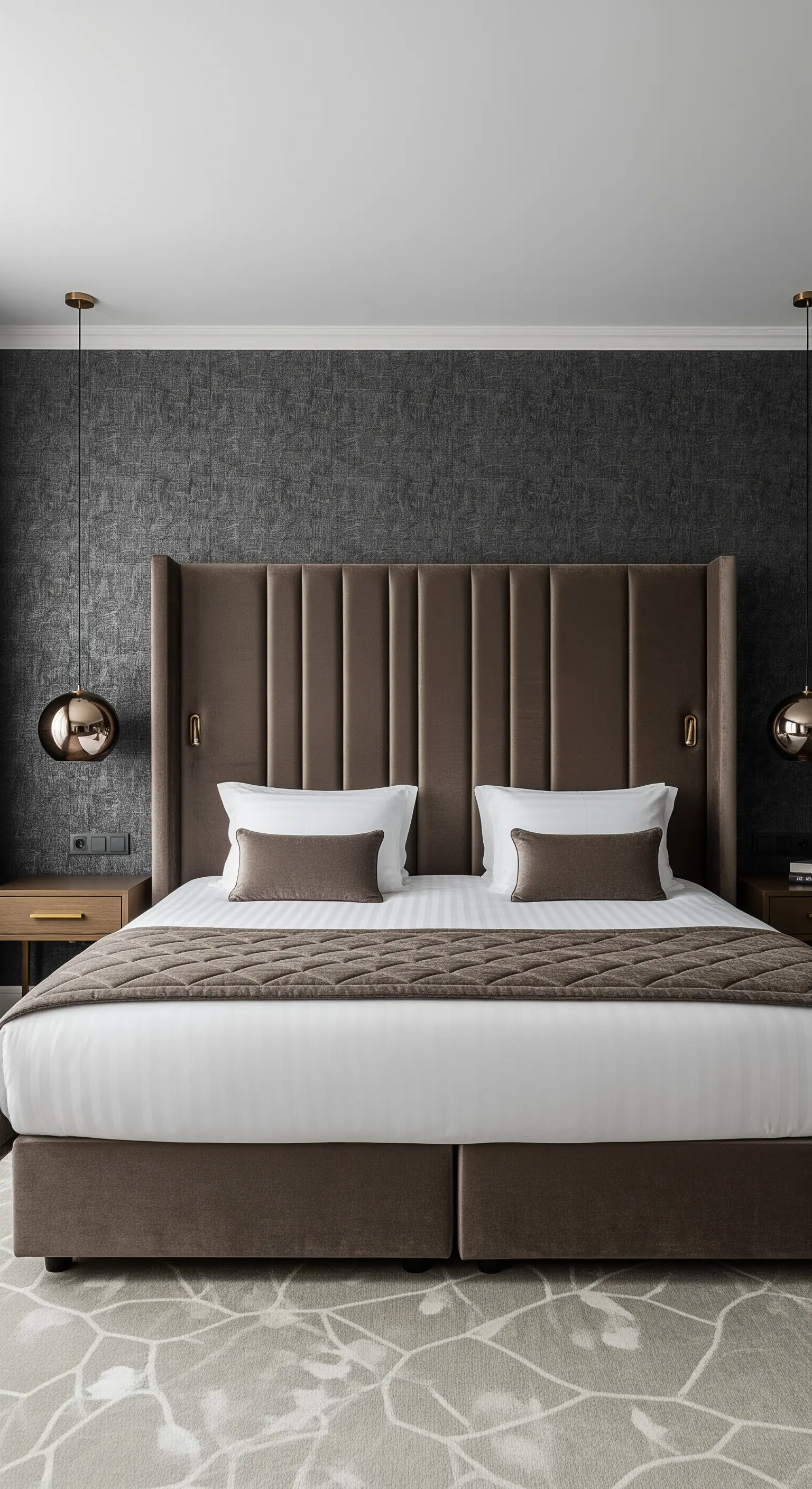 Schlafzimmer mit hoher, gepolsterter Samt-Bettkopfteil und hängenden Nachttischlampen