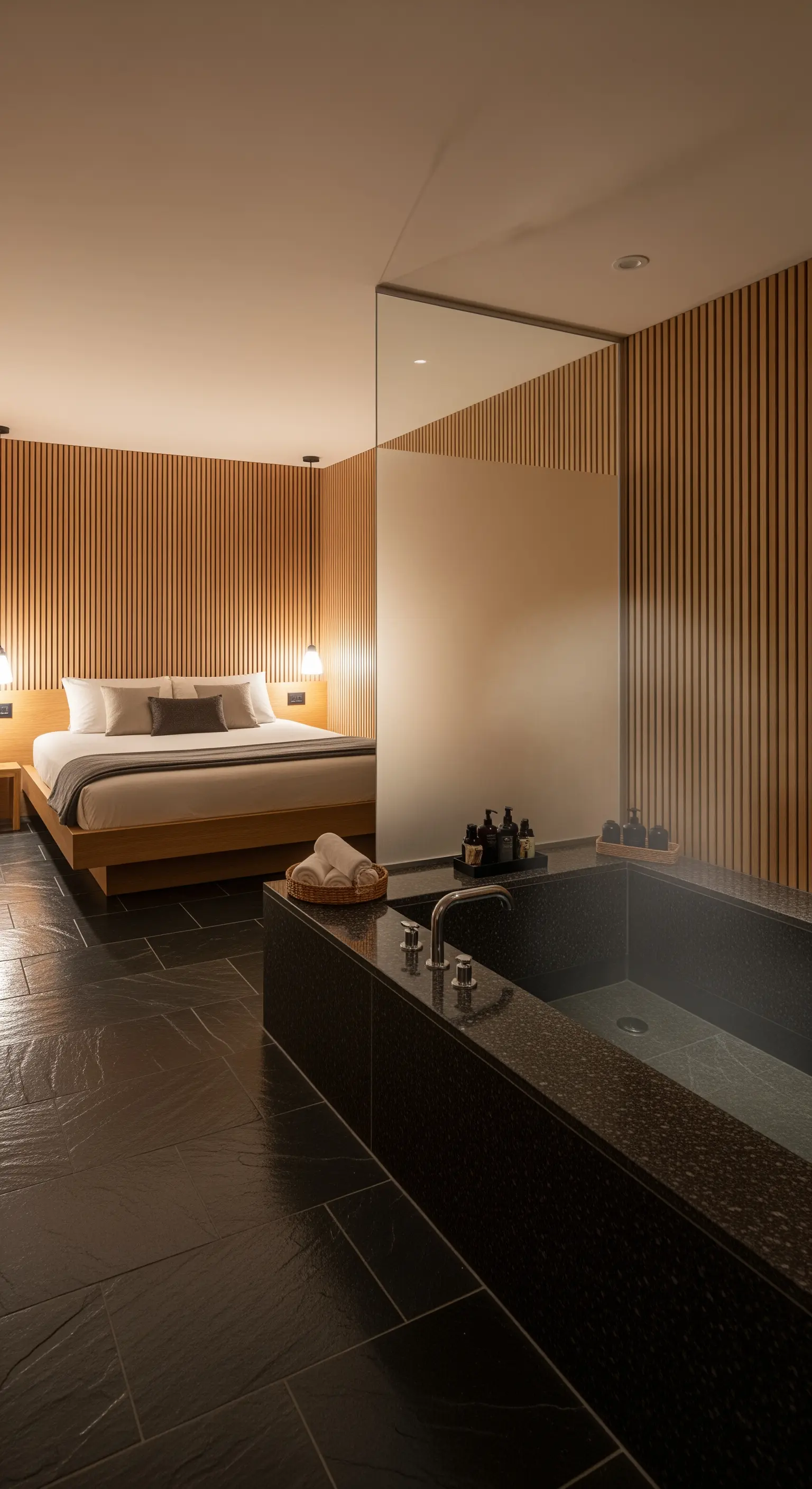 Schlafzimmer mit offenem Bad, Holzlattenwand und schwarzer Steinbadewanne.
