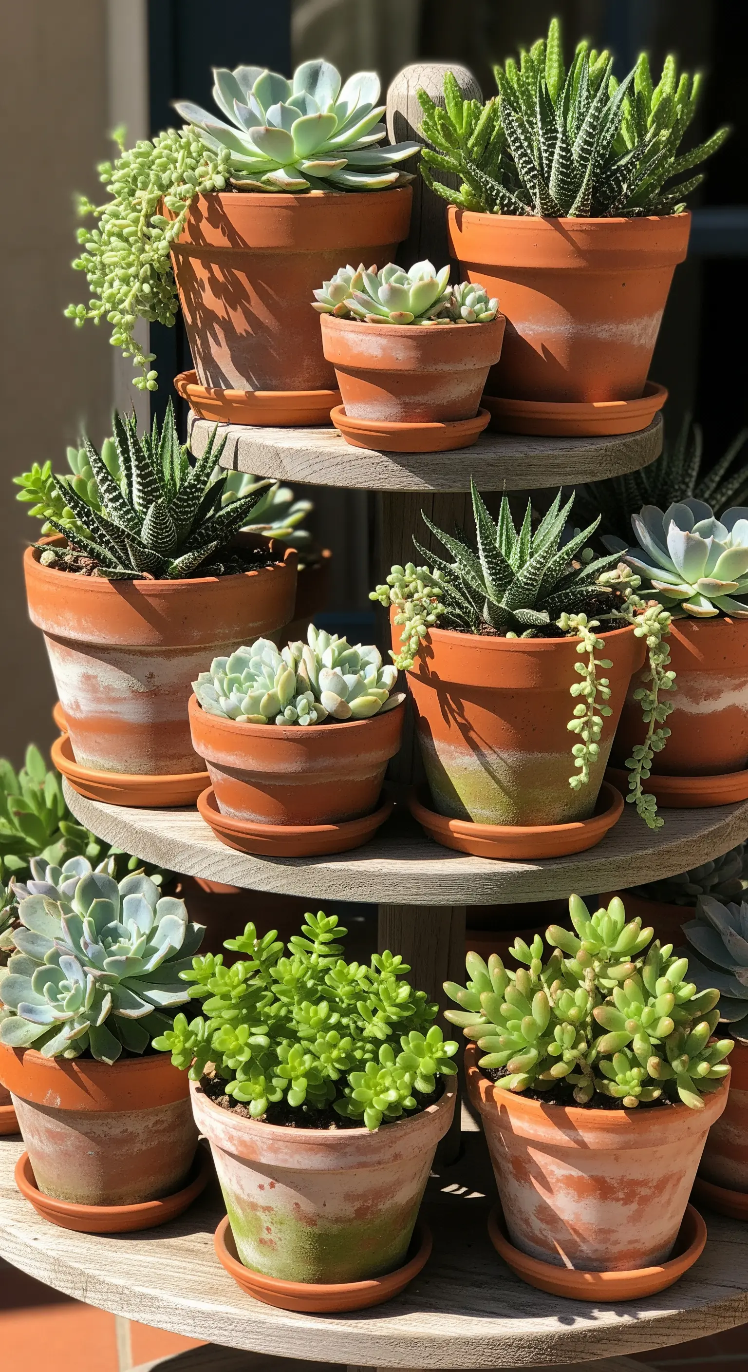 Mehrstufige Etagere mit verschiedenen Sukkulenten in Terrakottatöpfen im Sonnenlicht.