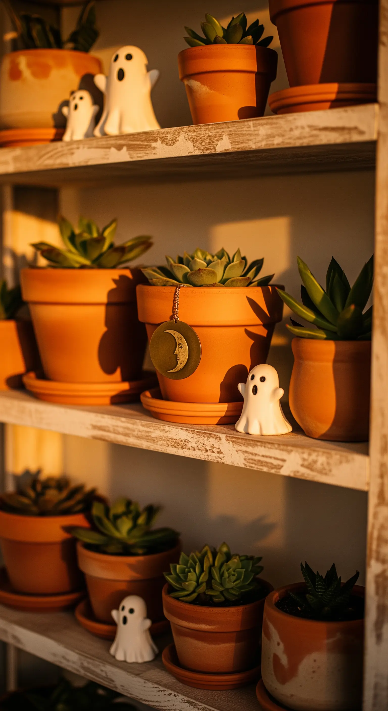 Regale mit Sukkulenten in Terracotta-Töpfen und kleinen Geisterfiguren.