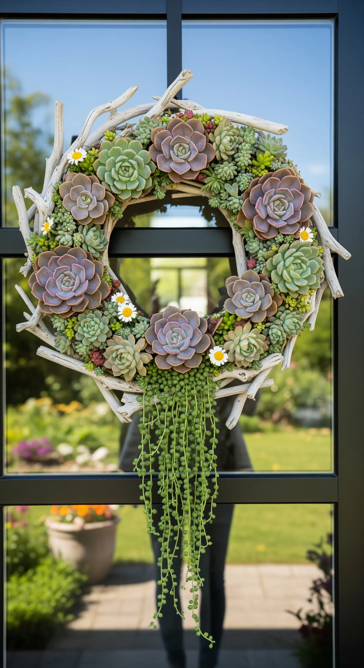 Lebendiger Kranz aus verschiedenen Sukkulenten auf einem Treibholzrahmen mit kleinen Blüten.