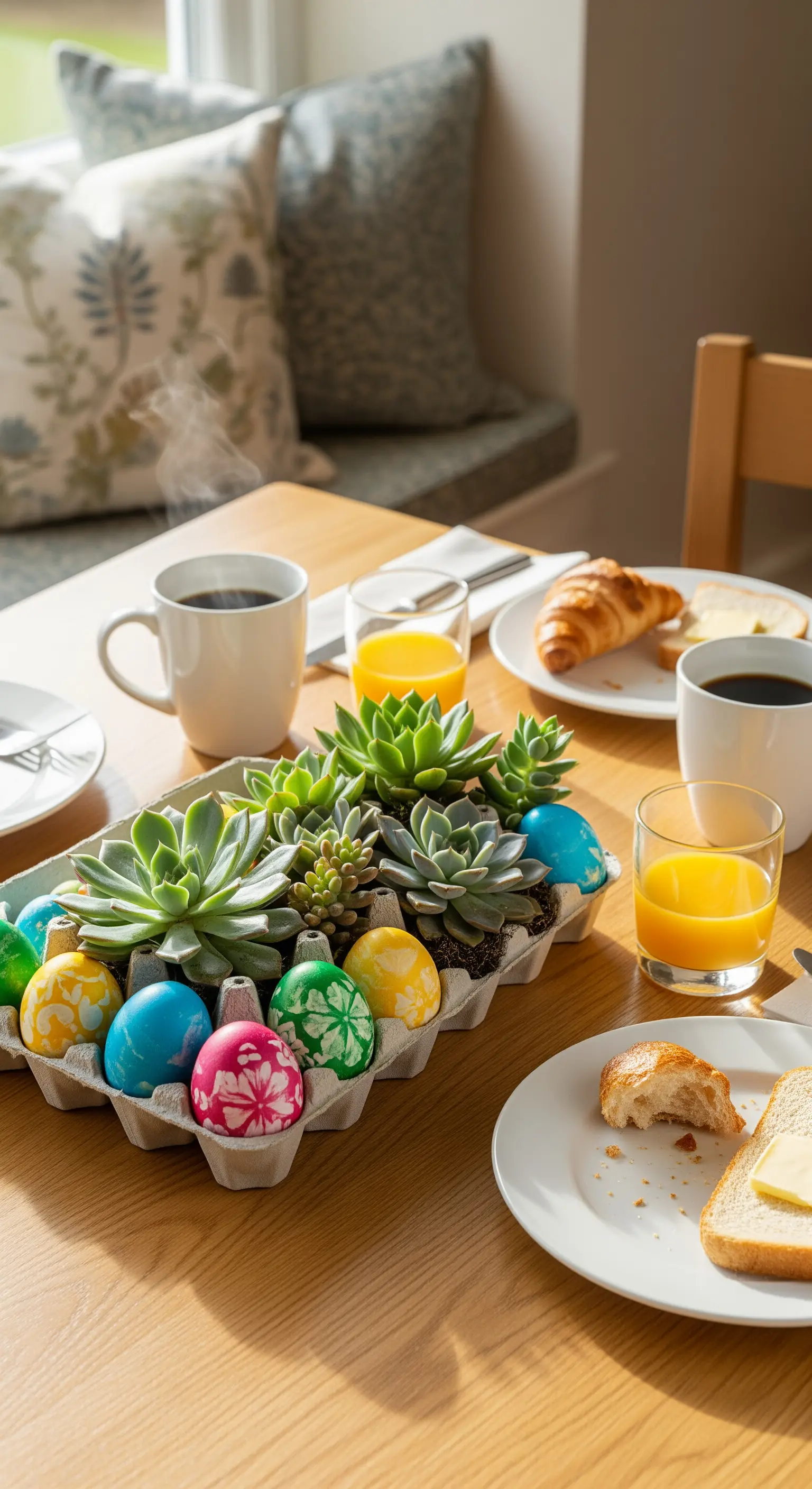Sukkulenten und bunte Ostereier in einer Eierverpackung auf einem Frühstückstisch