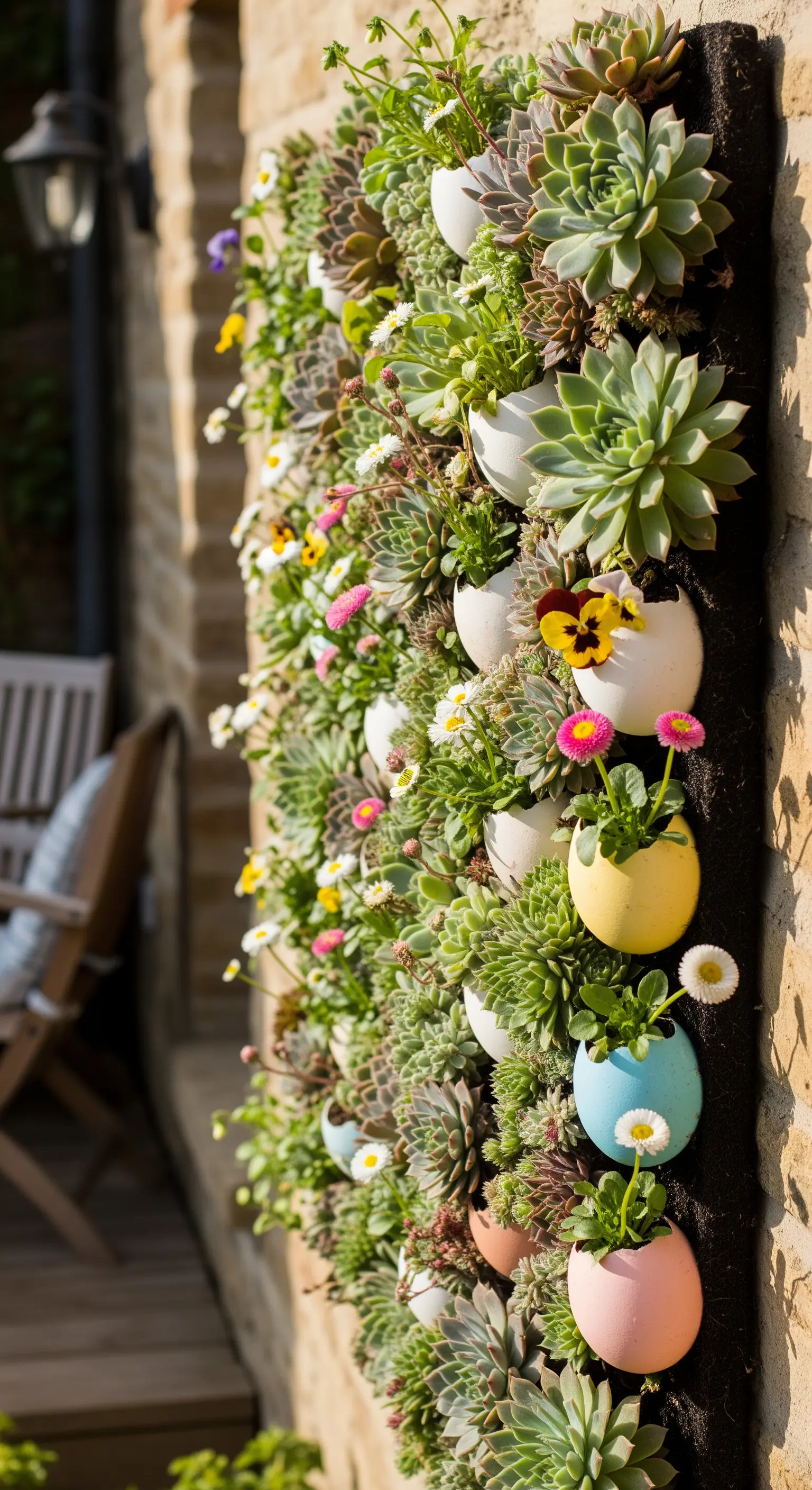 Vertikale Sukkulentenwand mit kleinen bunten Eierschalen als Pflanzgefäße