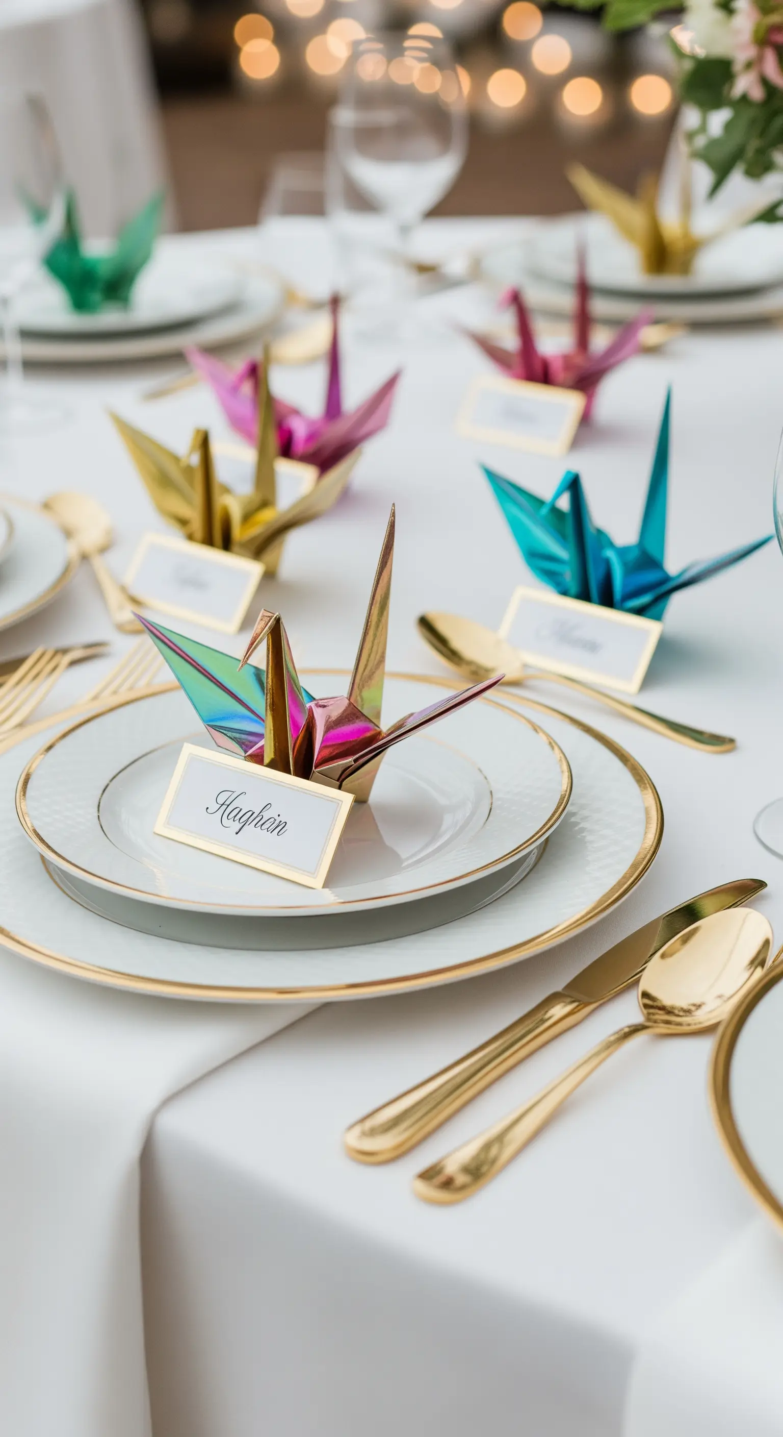 Origami-Kraniche in Metallfarben als Platzkarten auf einem festlich gedeckten Tisch mit Goldrandgeschirr.