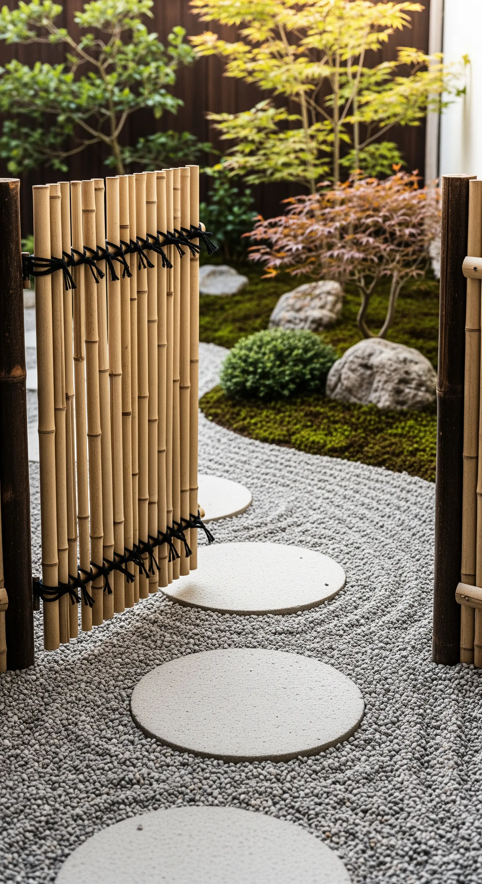 Kleines Bambustor mit runden Trittsteinen und gerakeltem Kies