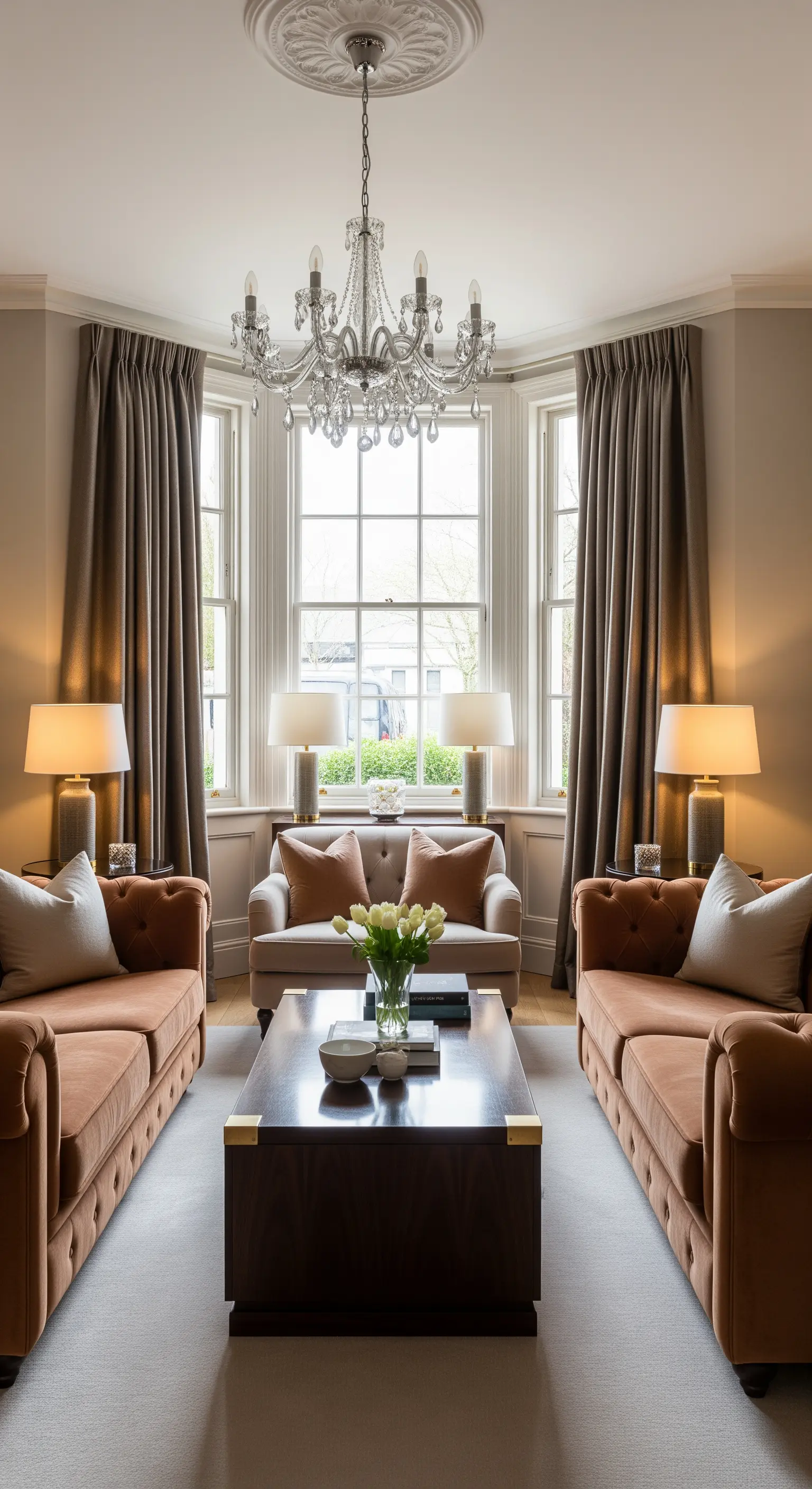 Klassisch-symmetrisches Wohnzimmer mit zwei gegenüberstehenden Samtsofas und einem Kristall-Kronleuchter.