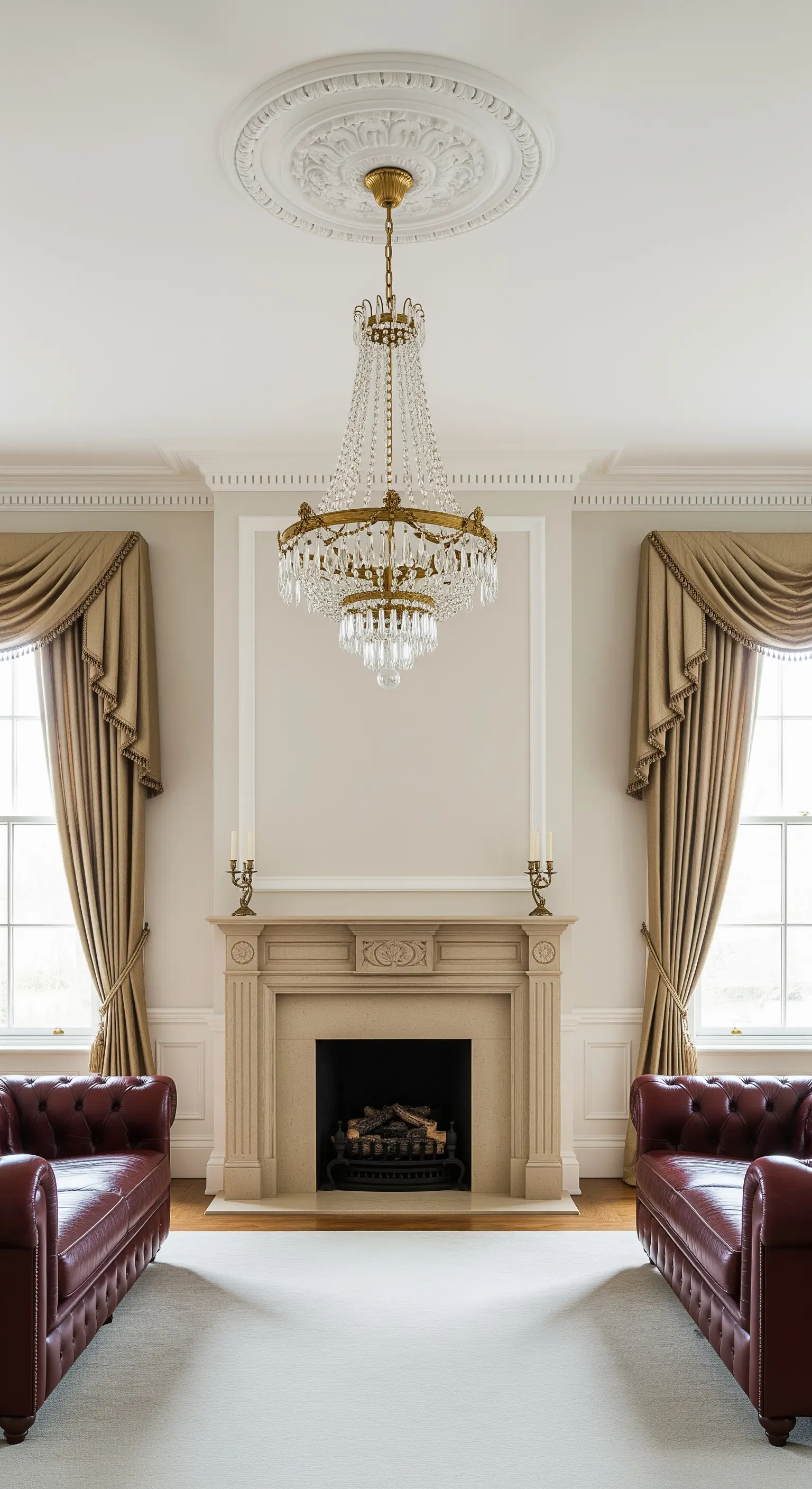 Symmetrisch eingerichtetes Wohnzimmer mit zwei Ledersofas und Kristallleuchter.