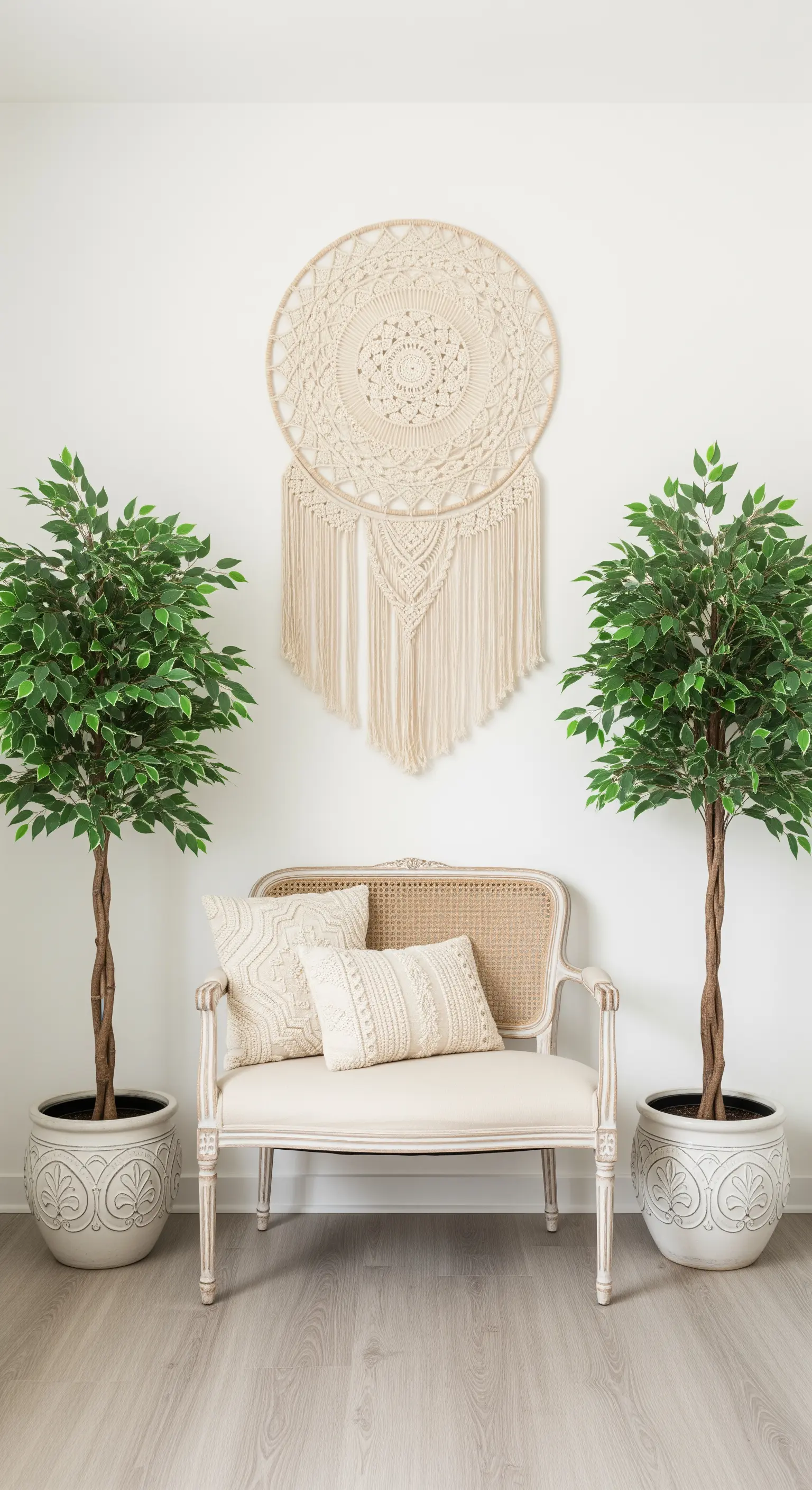 Zwei identische Bäumchen flankieren eine kleine Sitzbank mit einem großen Makramee-Wandbehang darüber.