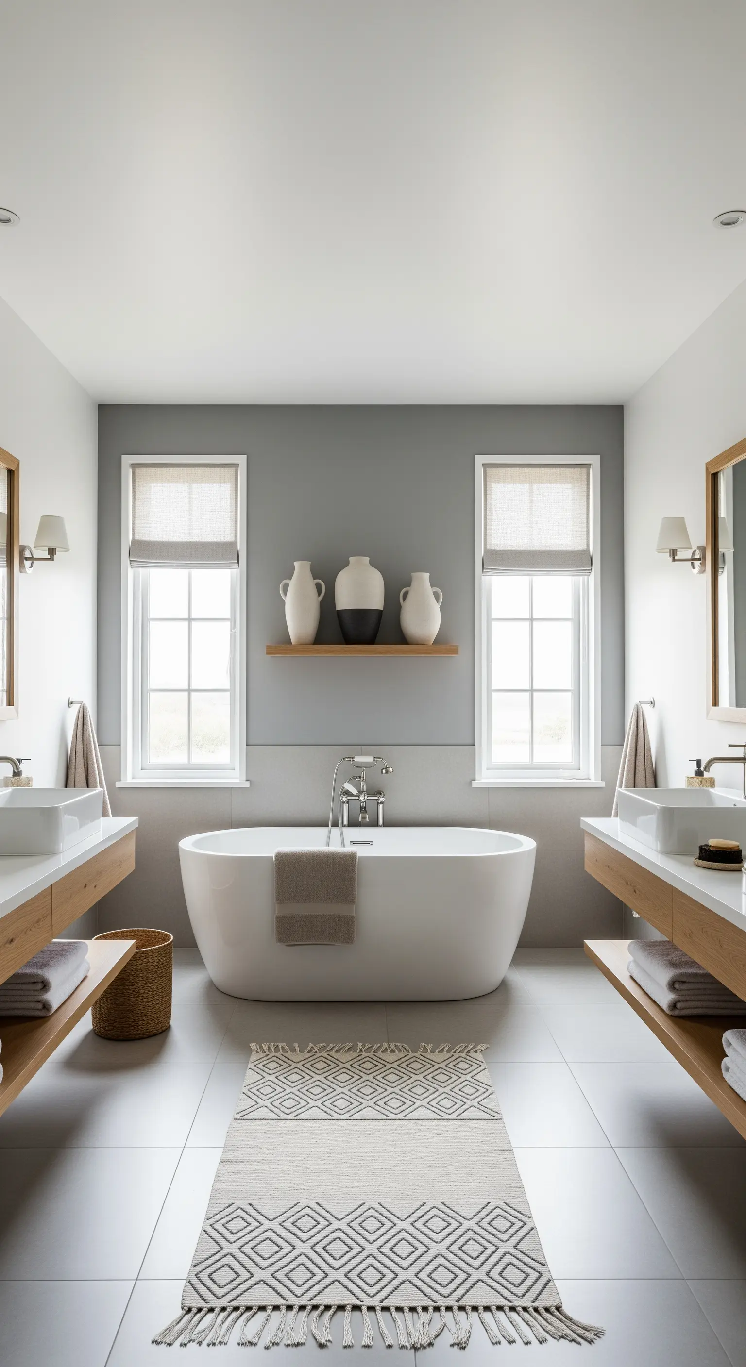 Symmetrisches Badezimmer mit freistehender Wanne und zwei Waschtischen.