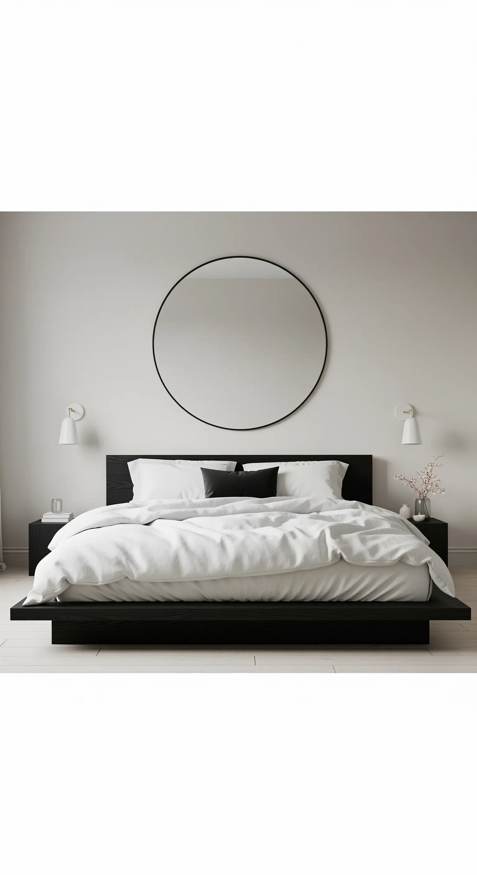 Symmetrisches minimalistisches Schlafzimmer mit rundem Spiegel über dem Bett.