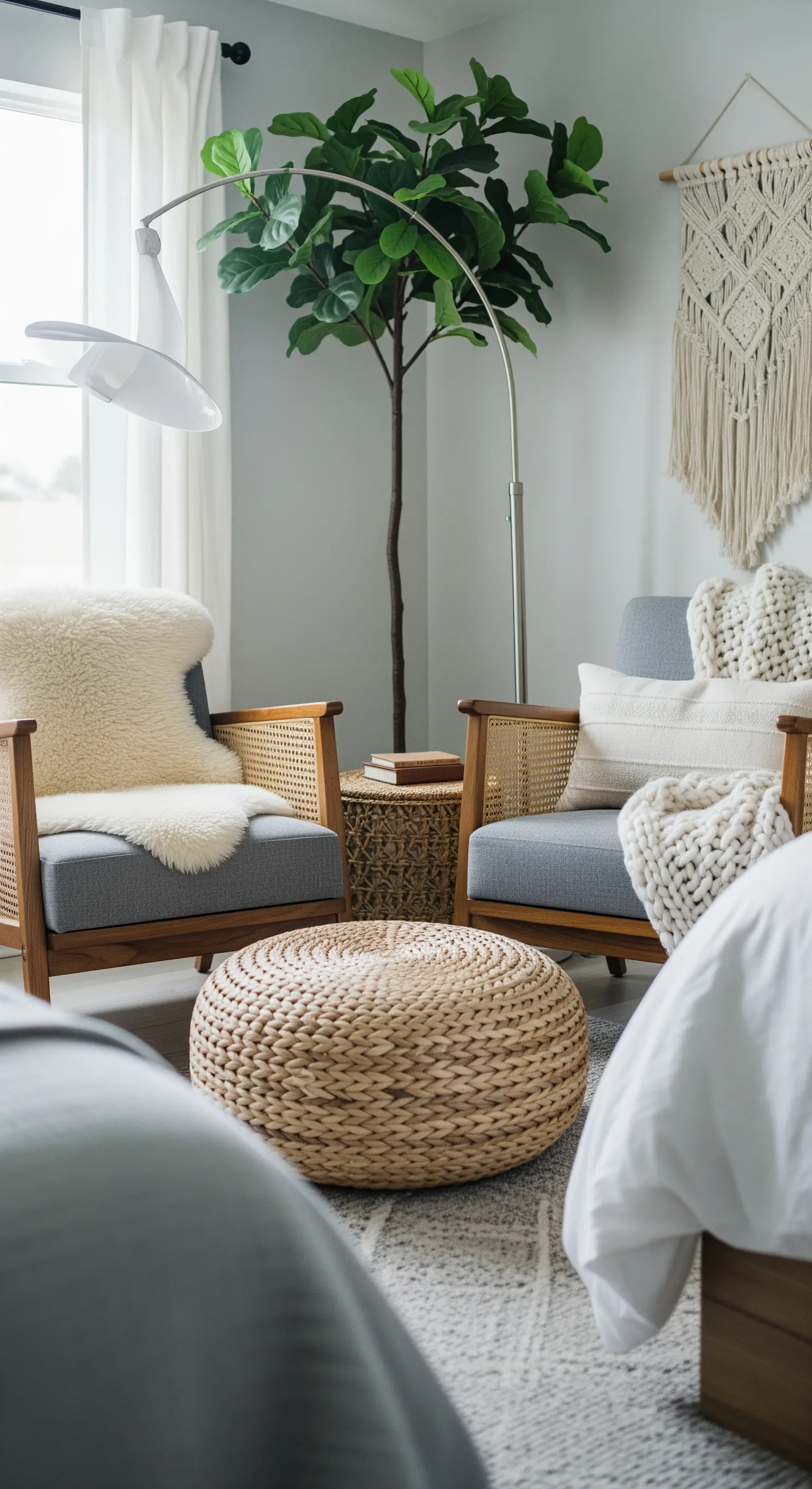 Zwei Sessel mit Wiener Geflecht, die sich gegenüberstehen, dazwischen ein geflochtener Pouf