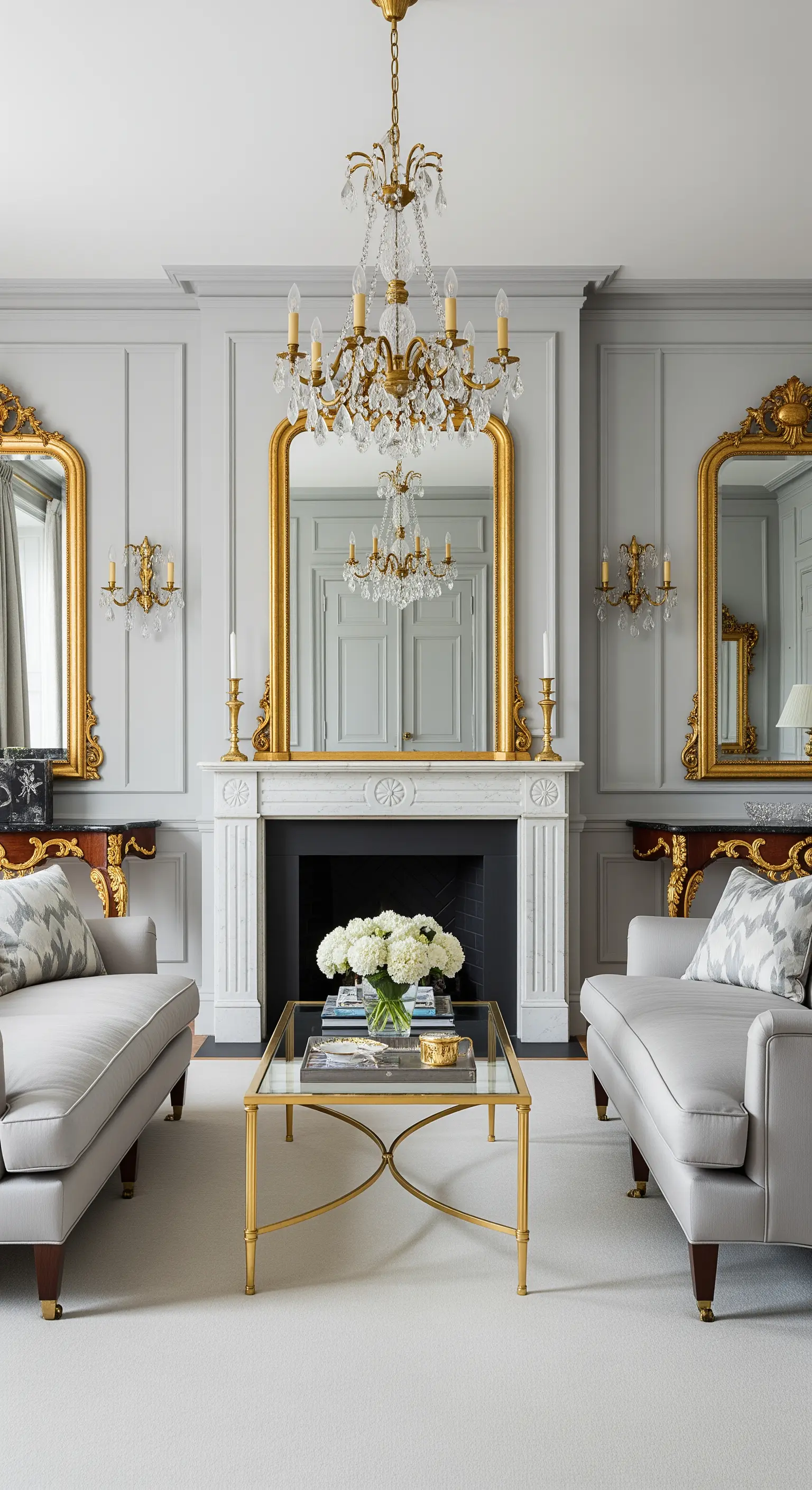Symmetrisch eingerichtetes Wohnzimmer mit zwei goldenen Spiegeln und Wandleuchtern über einem Marmorkamin.