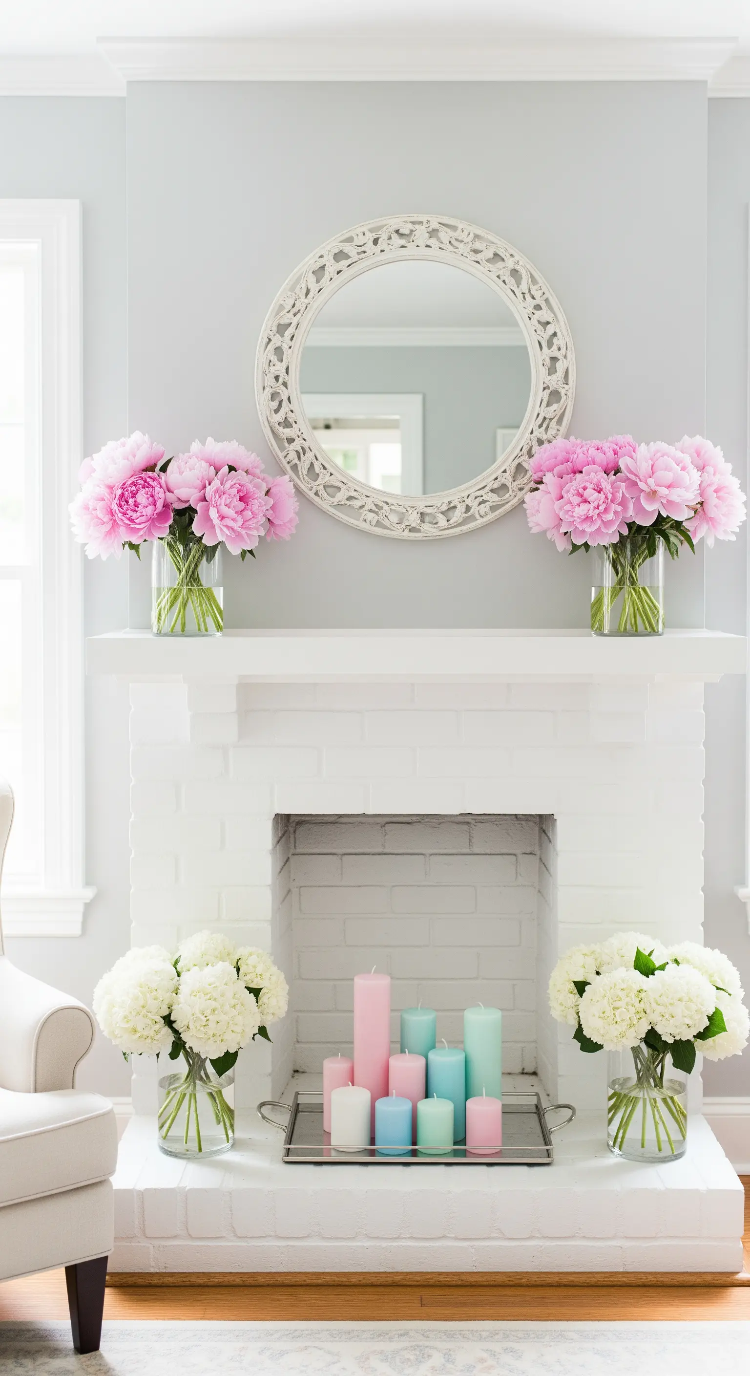 Symmetrische Frühlingsdeko mit rosa Pfingstrosen und Pastellkerzen auf Kamin.