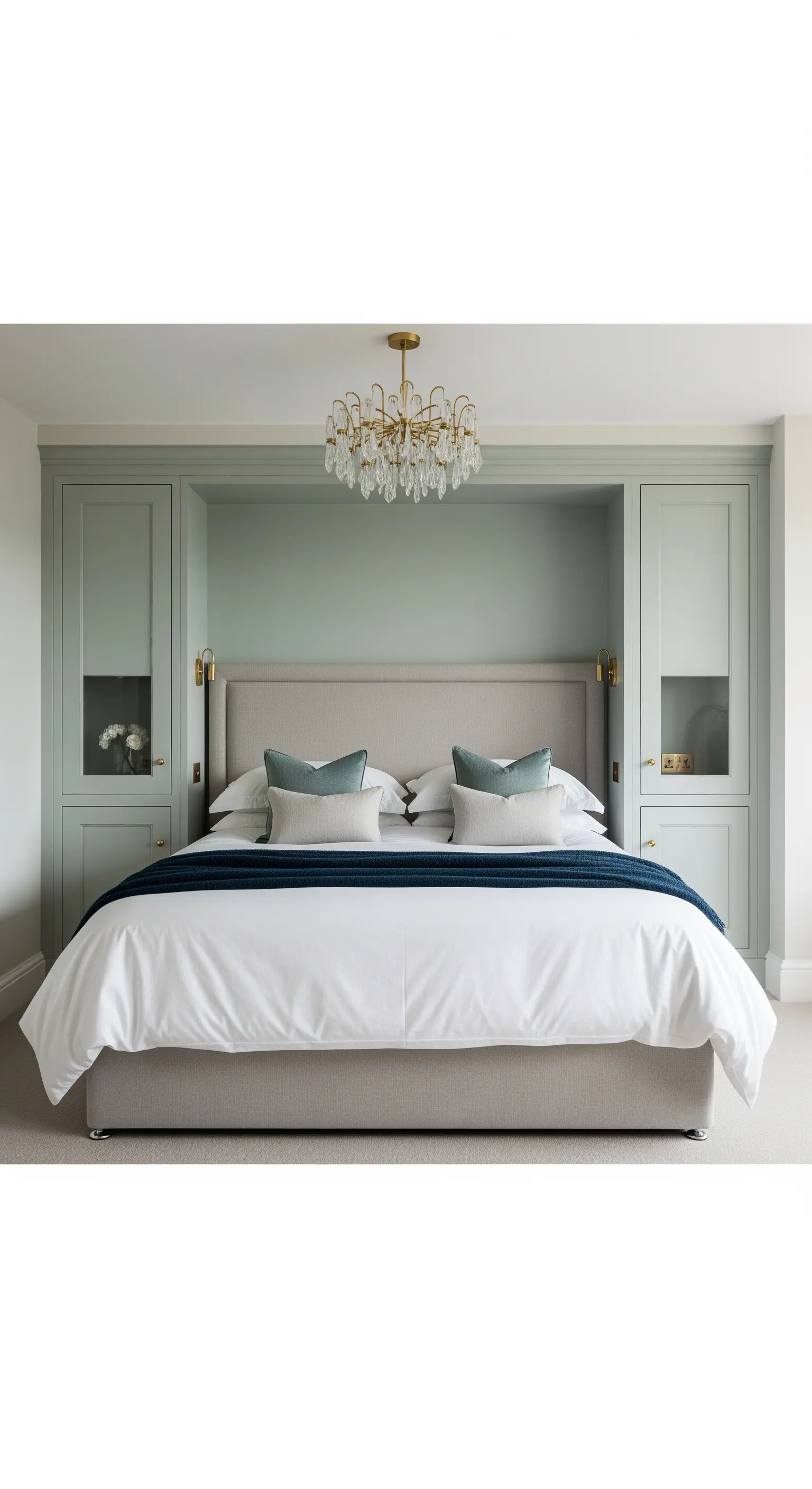 Symmetrische, salbeigrüne Einbauschränke rahmen ein Bett in einem klassischen Schlafzimmer ein.