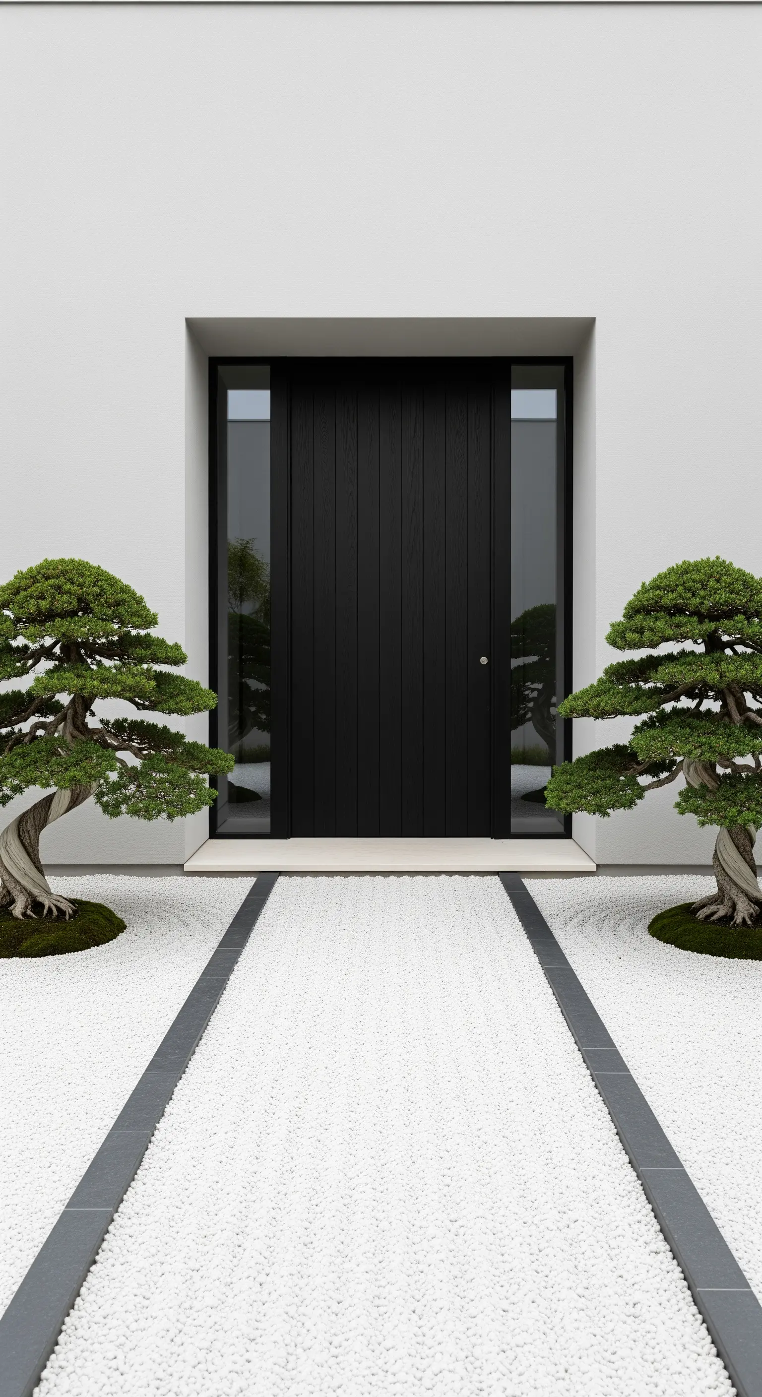 Symmetrischer Eingang mit zwei Bonsai-Bäumen, weißem Kies und dunklen Wegbegrenzungen