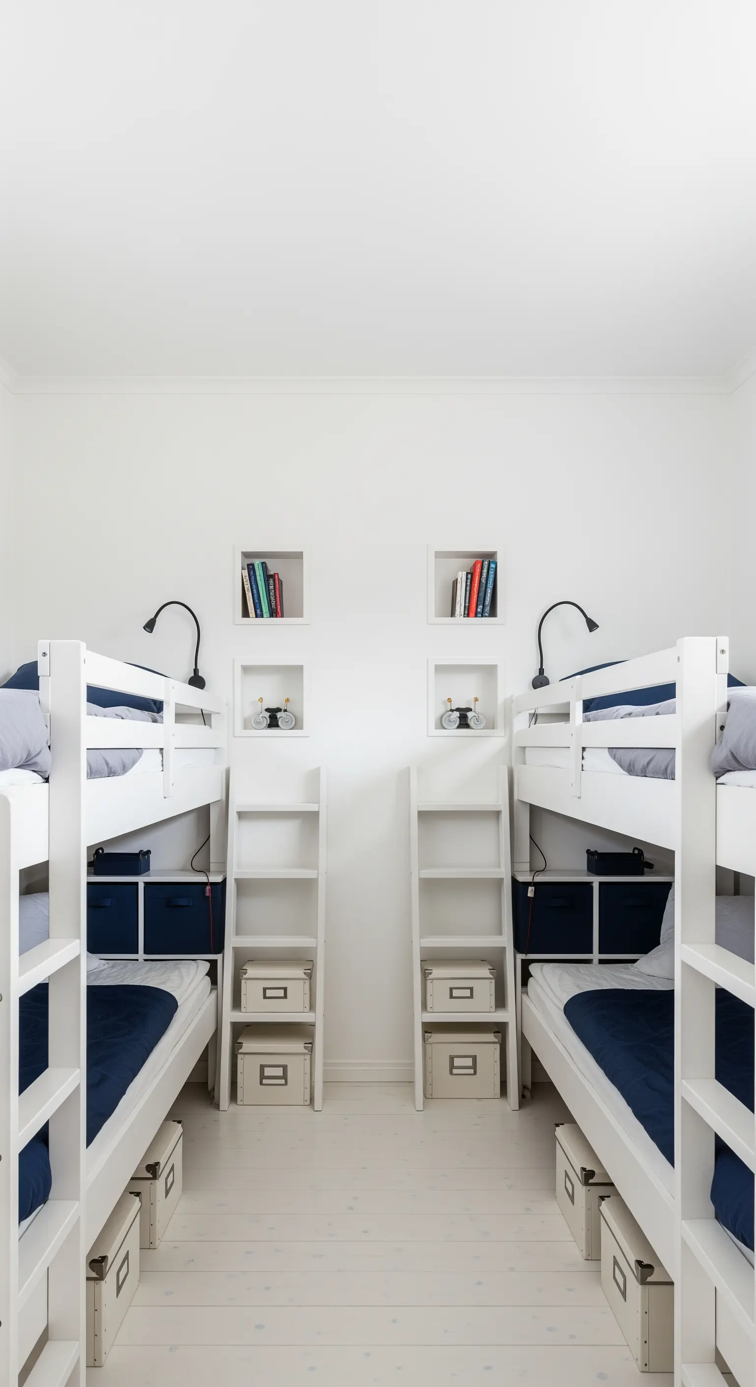 Symmetrisch eingerichtetes Kinderzimmer mit zwei weißen Etagenbetten und identischer Deko.