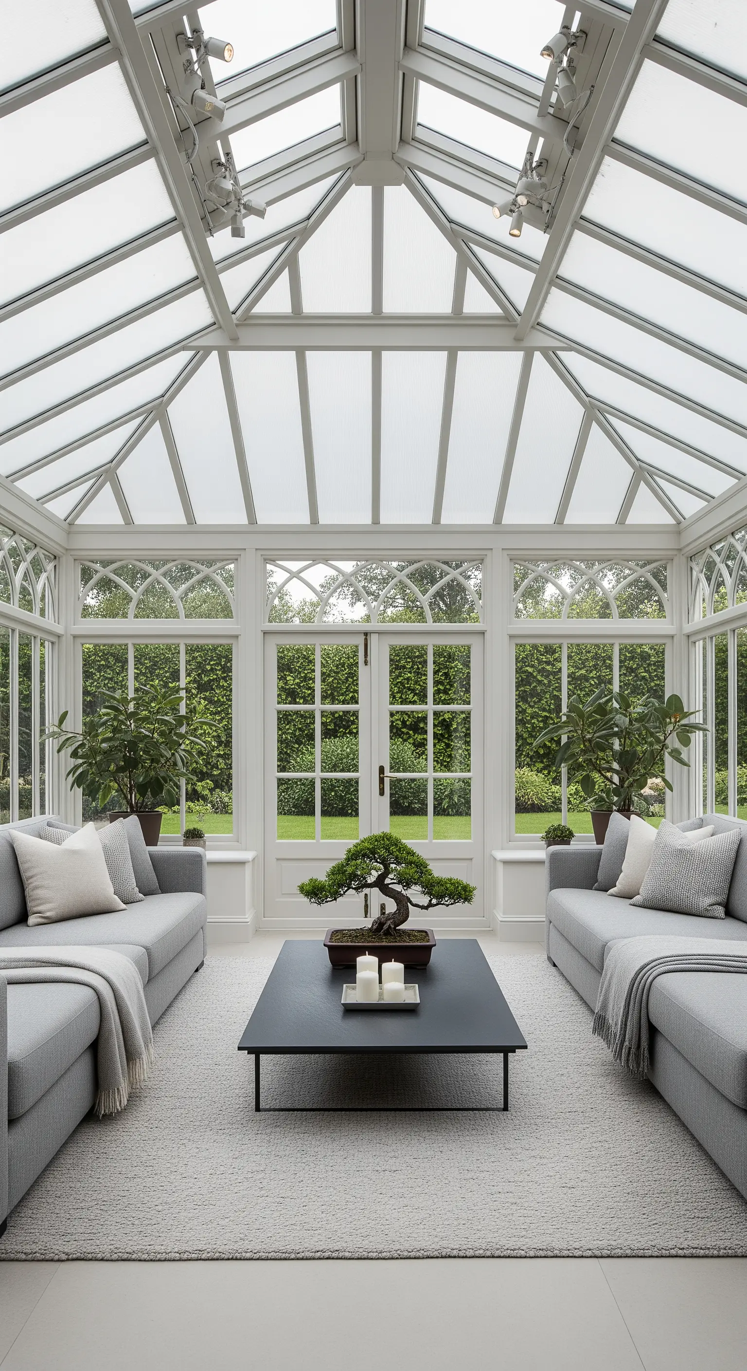 Symmetrisch eingerichteter Wintergarten mit Bonsai-Baum als zentralem Element.