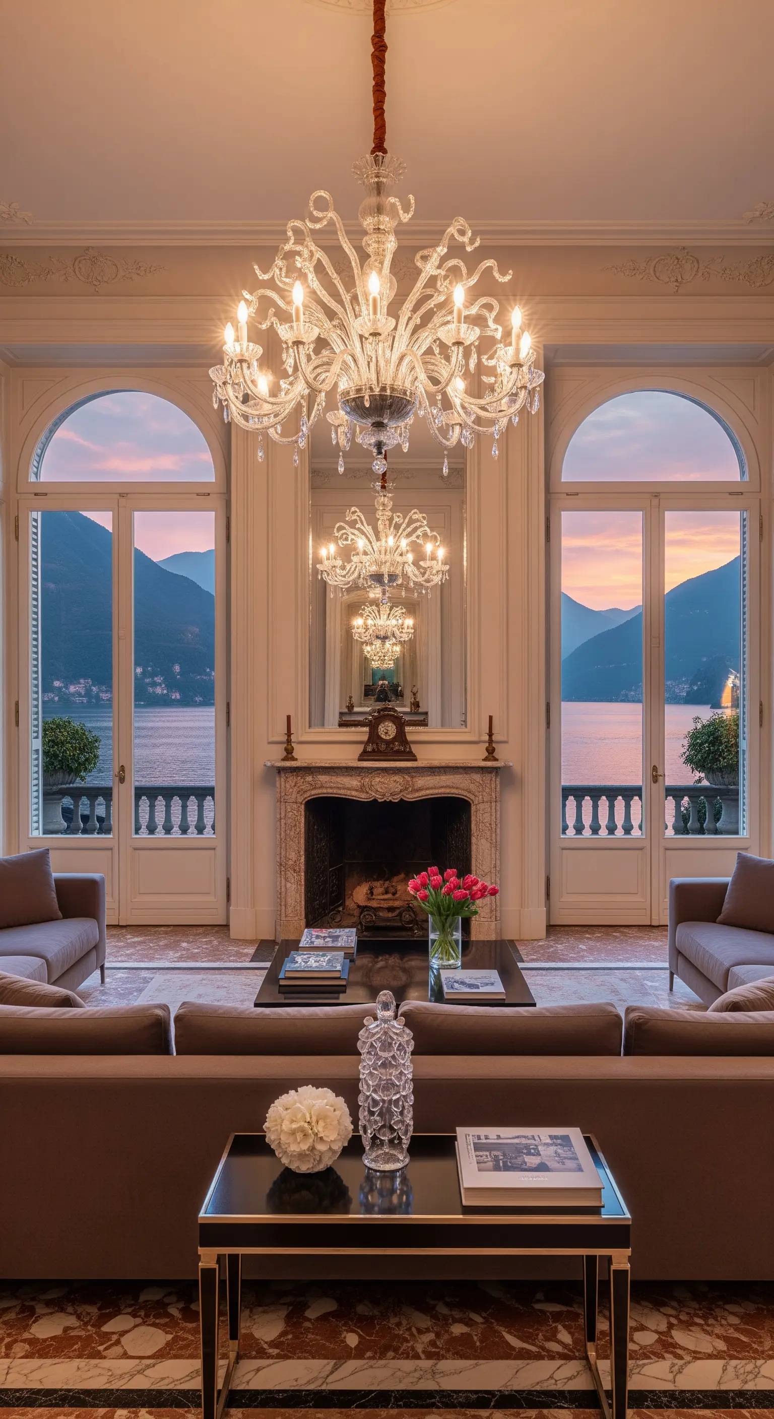 Elegantes, klassisches Wohnzimmer mit Marmorkamin, Kristallleuchter und Blick auf einen See bei Sonnenuntergang.