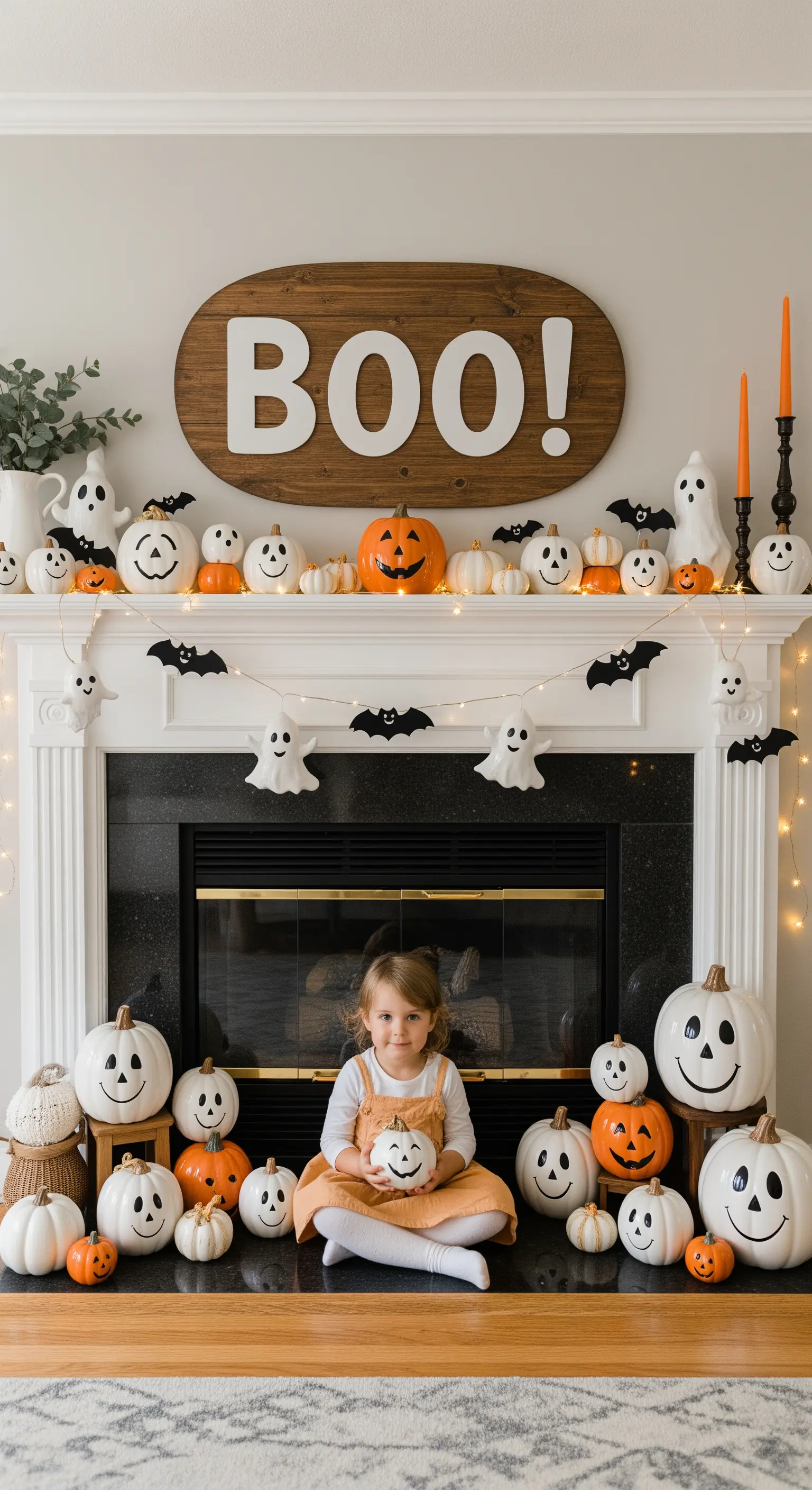 Üppig dekorierter Kaminsims mit unzähligen weißen und orangen Kürbissen und einem BOO-Schild.