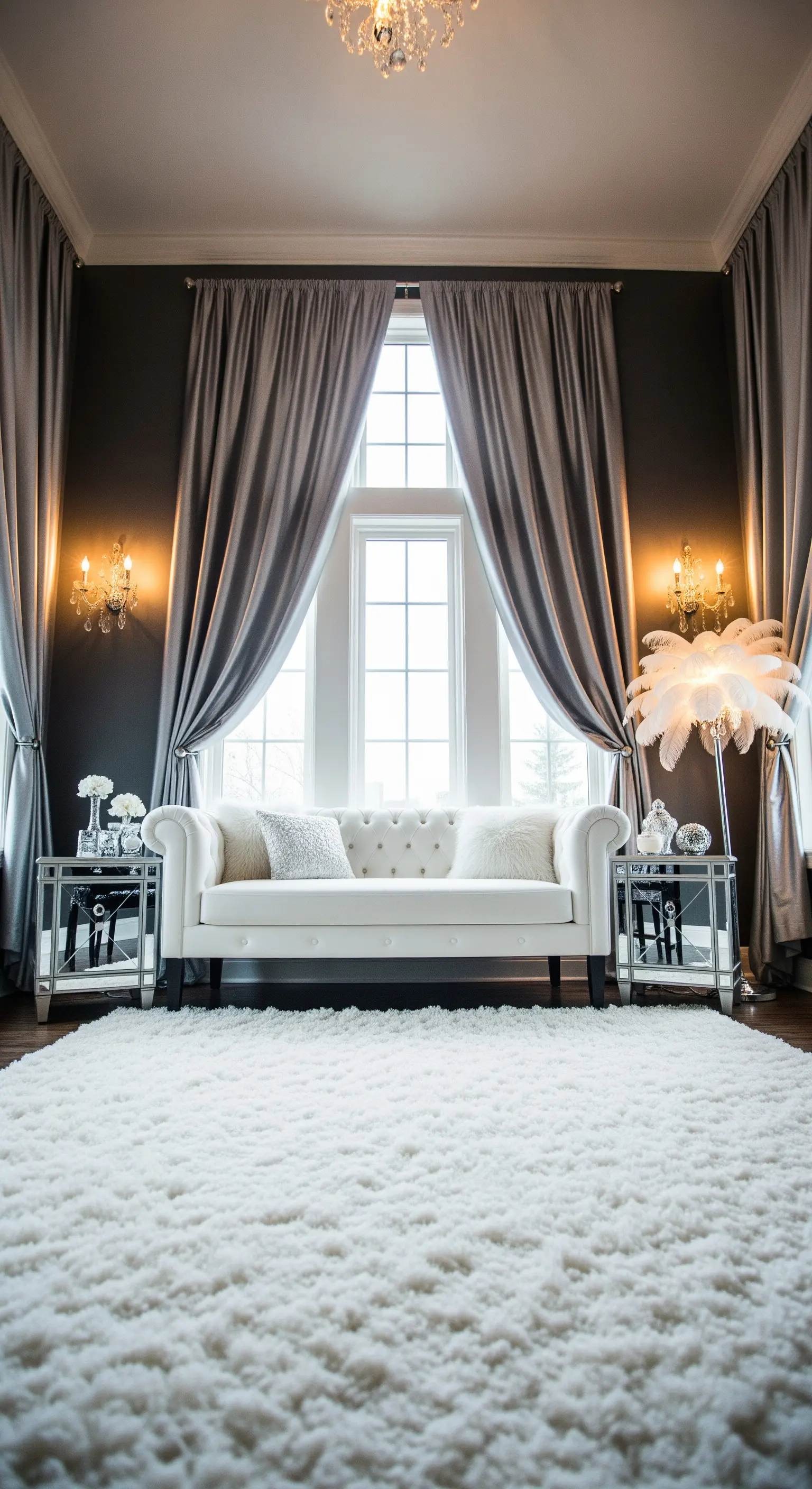 Symmetrisches Wohnzimmer mit grauen Seidenvorhängen und weißen Möbeln.