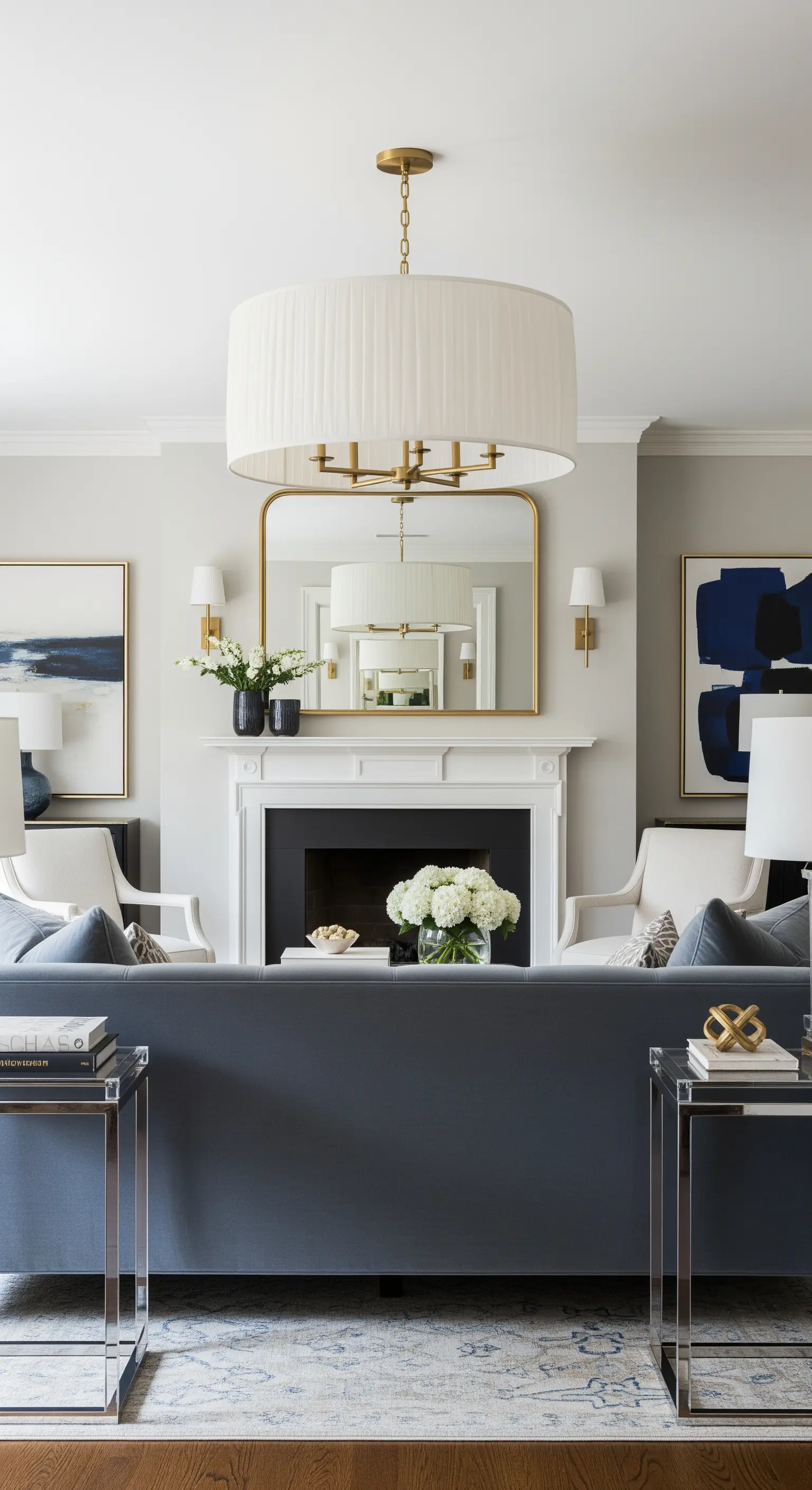 Symmetrisches Wohnzimmer mit blauem Sofa, Kamin und grosser Trommel-Hängelampe.