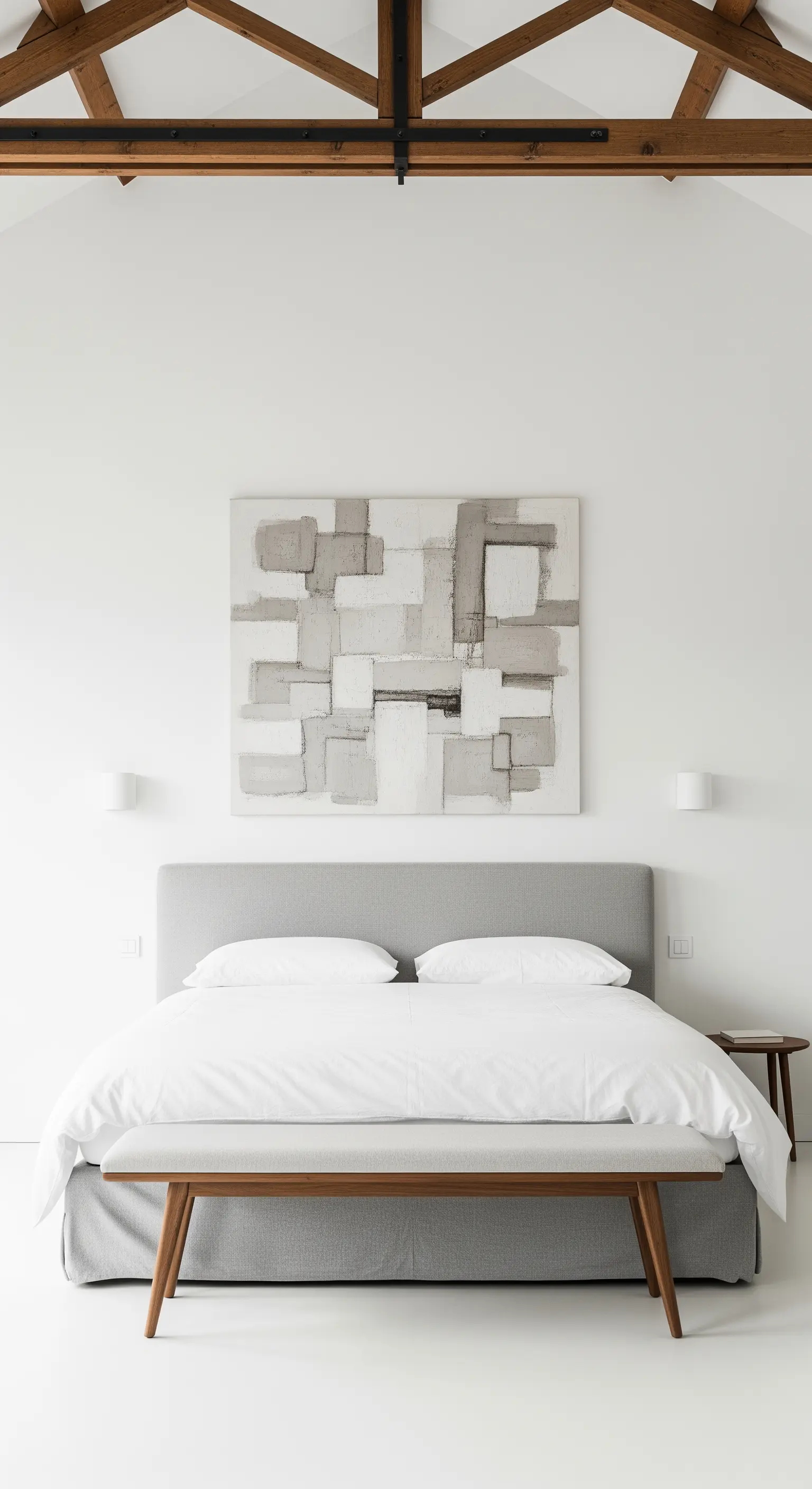 Symmetrisches Schlafzimmer mit grauem Bett und abstraktem Kunstwerk über dem Kopfteil.