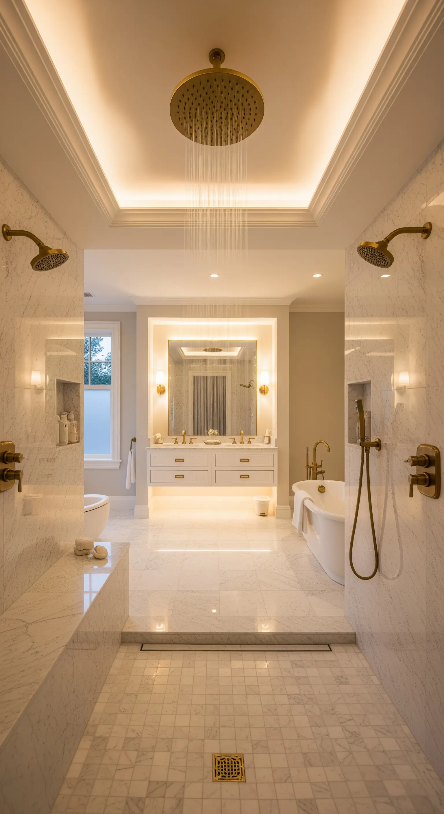 Luxuriöses Marmorbad mit symmetrischer Doppeldusche und indirekter Deckenbeleuchtung