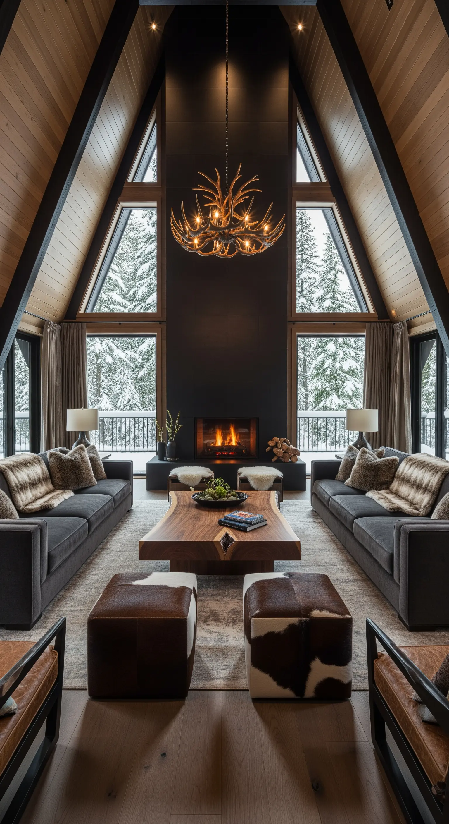 Modernes Chalet-Wohnzimmer mit symmetrisch platzierten Sofas, Kamin und Geweih-Kronleuchter.