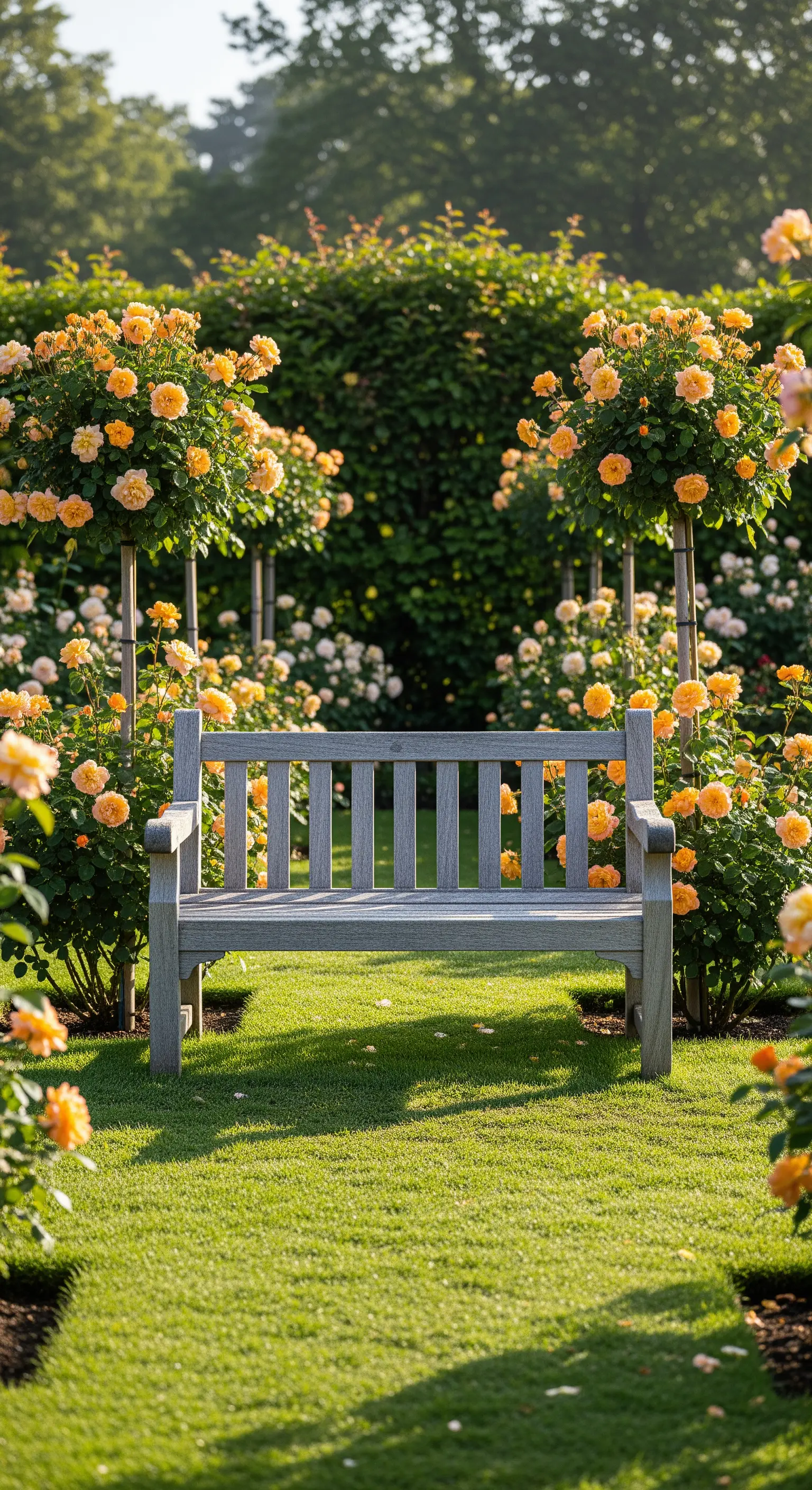 Graue Holzbank, symmetrisch zwischen zwei orangefarbenen Hochstammrosen auf gepflegtem Rasen.