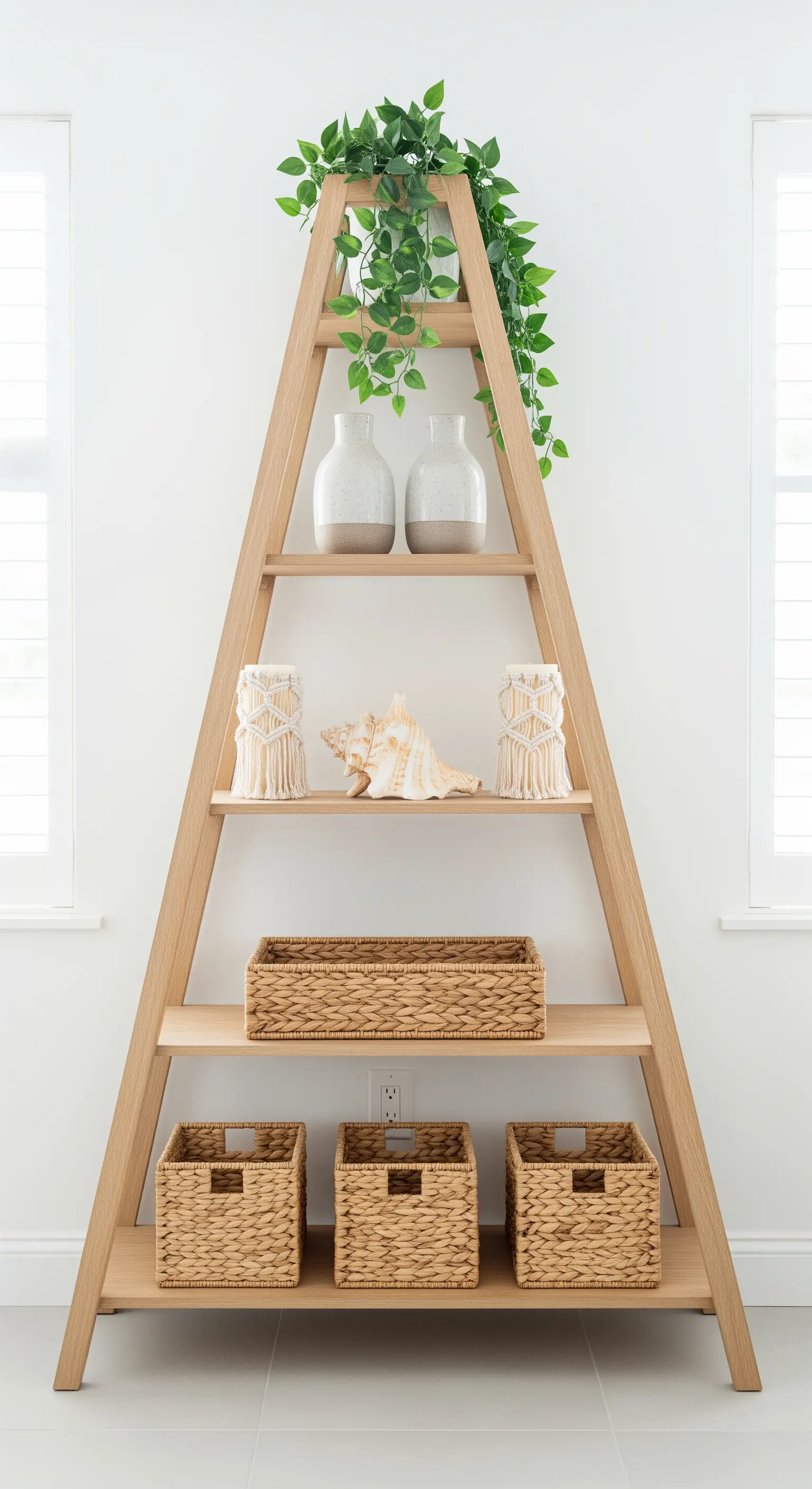 A-förmiges Holzregal mit symmetrischer Deko aus Vasen, Muscheln und Körben.