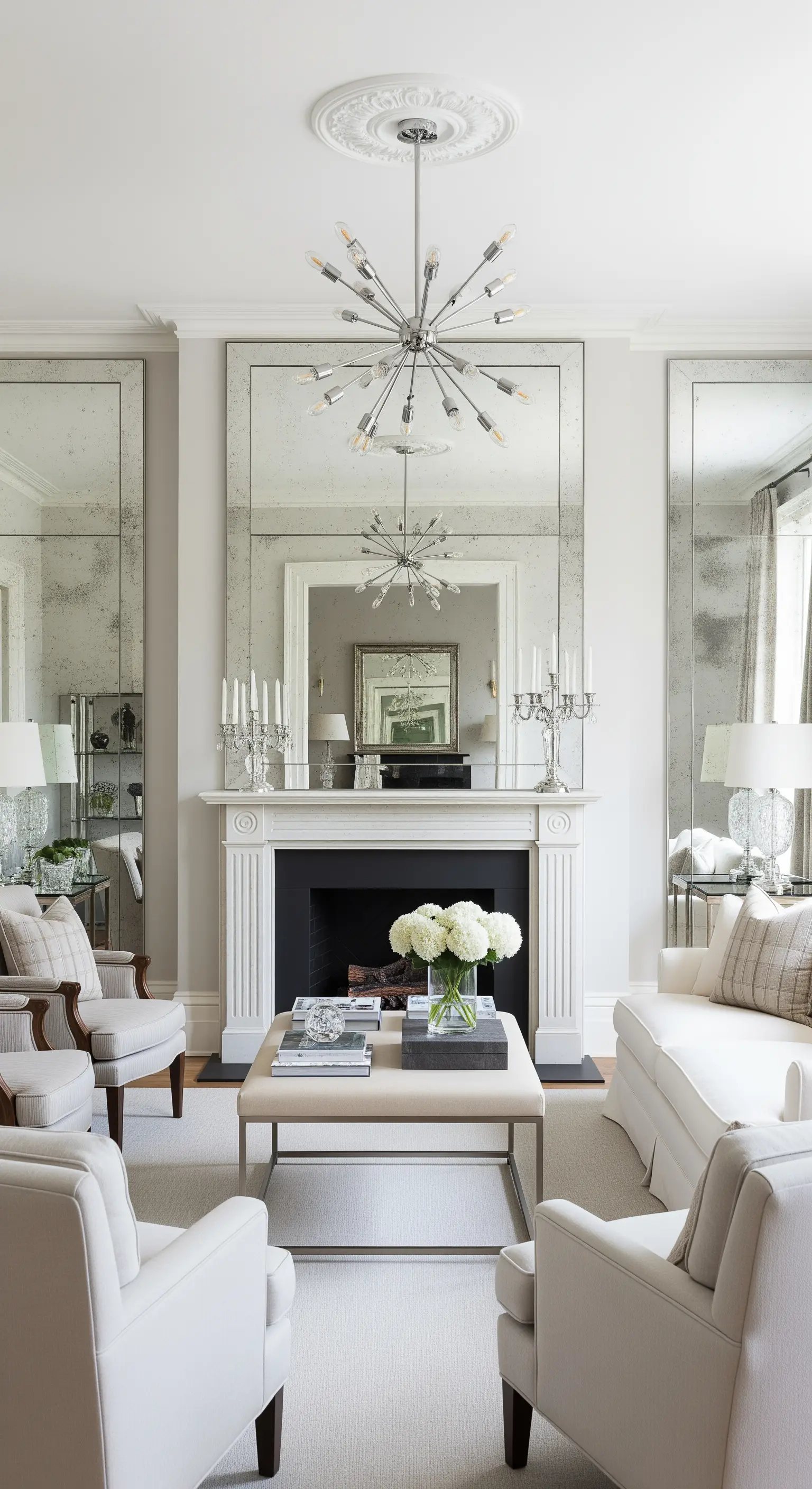 Klassischer Kamin, flankiert von zwei hohen Antikspiegeln in einem symmetrischen Wohnzimmer.