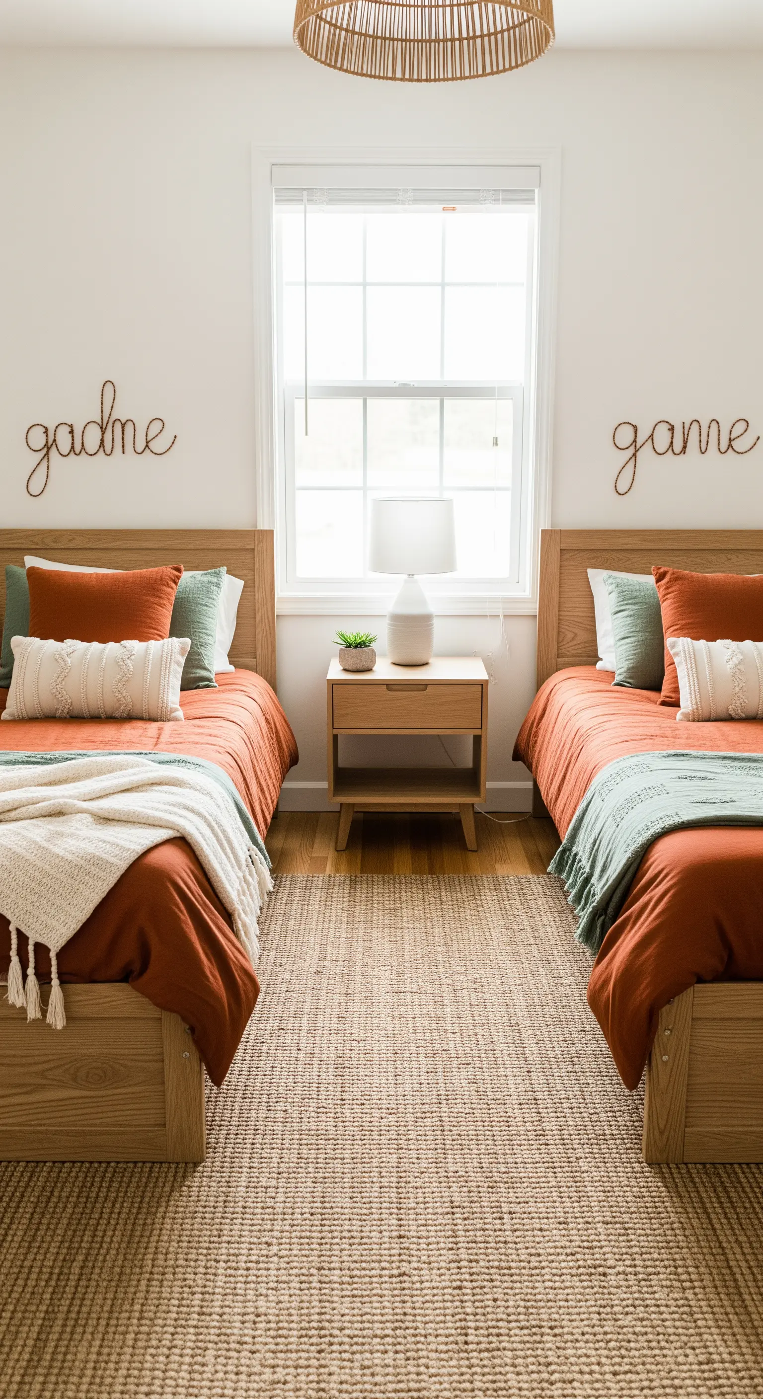 Symmetrisch gestaltetes Geschwisterzimmer in Rostrot und Salbeigrün mit Jute-Teppich.