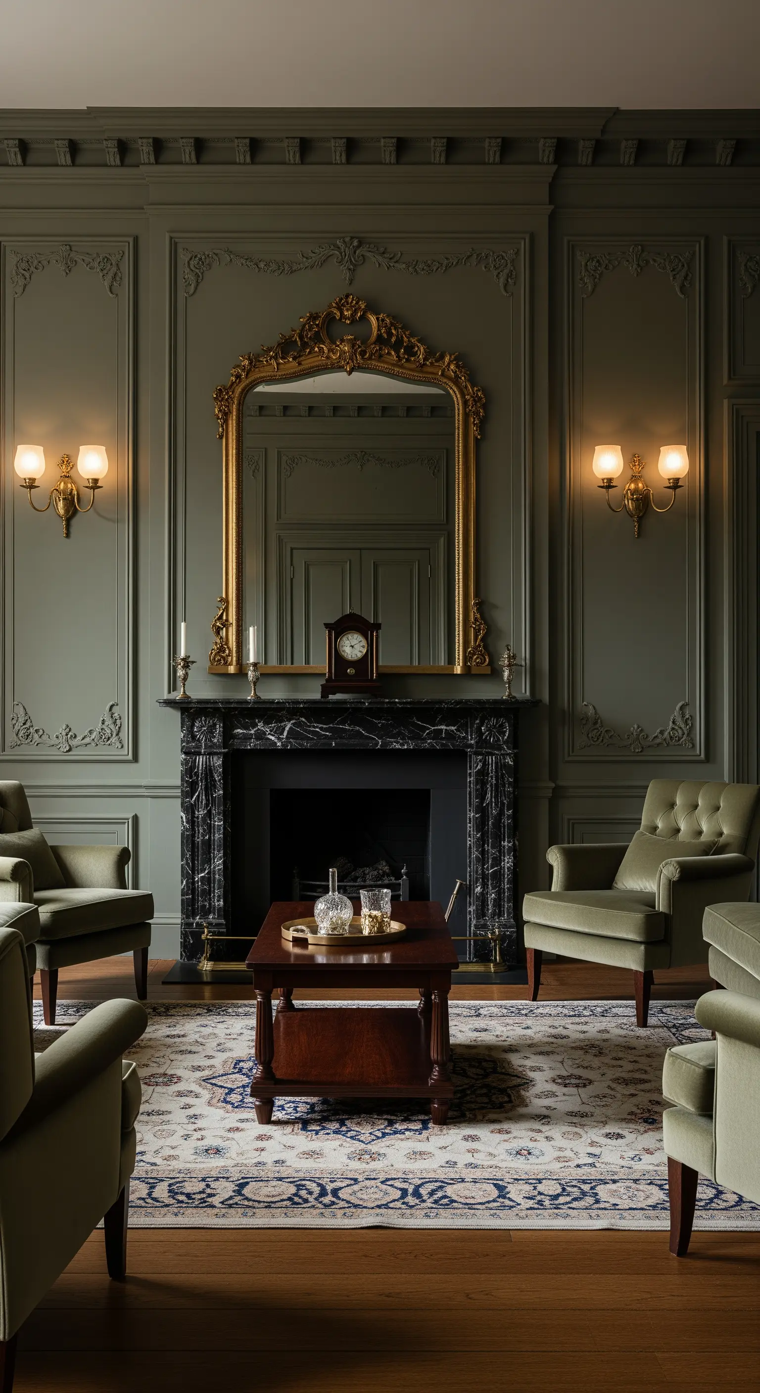 Opaler goldener Spiegel über Kamin, Messing-Wandleuchten, olivgrüne Sessel