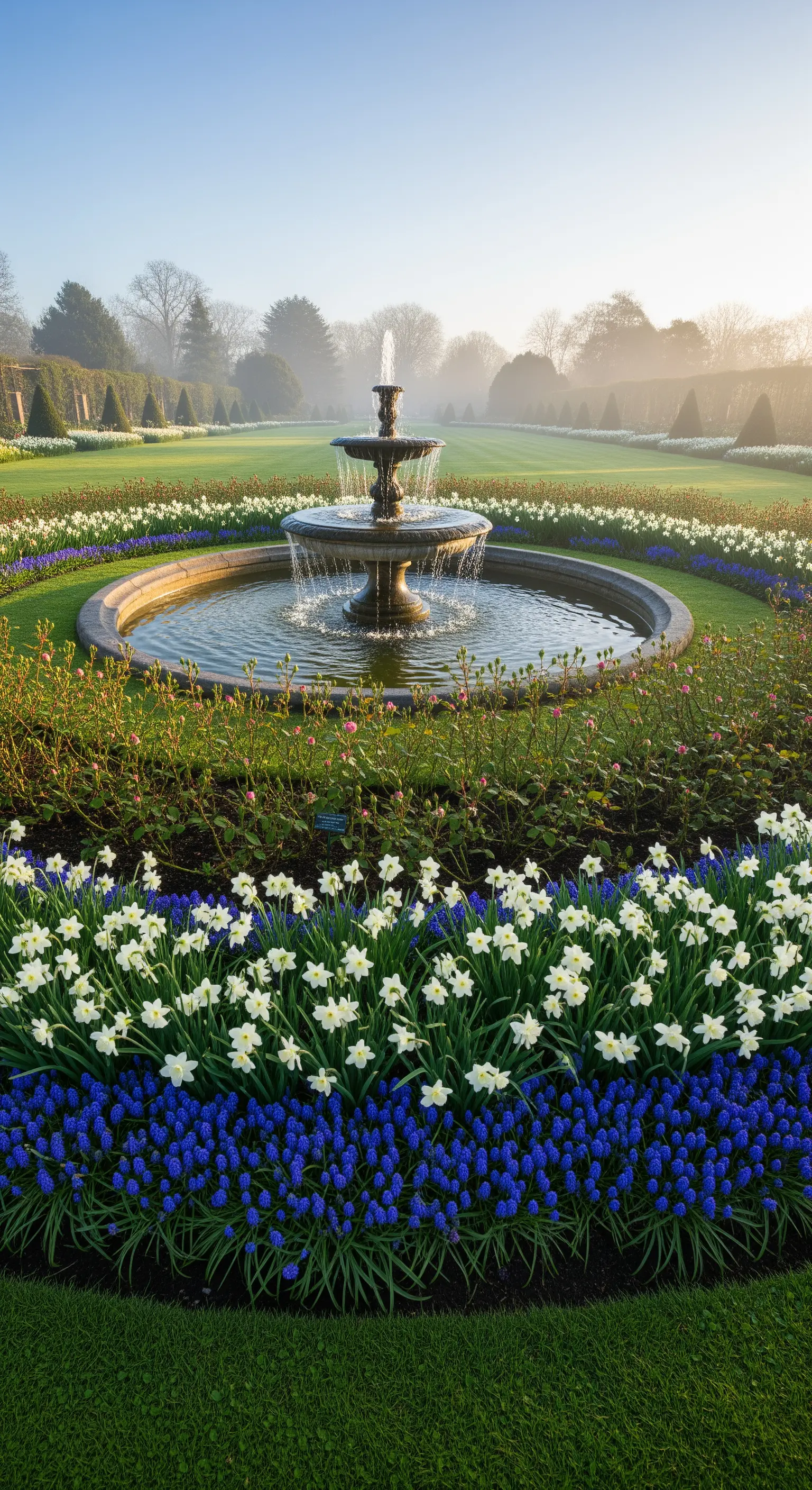 Mehrstufiger Springbrunnen in formalem Garten umgeben von weißen Narzissen und blauen Traubenhyazinthen