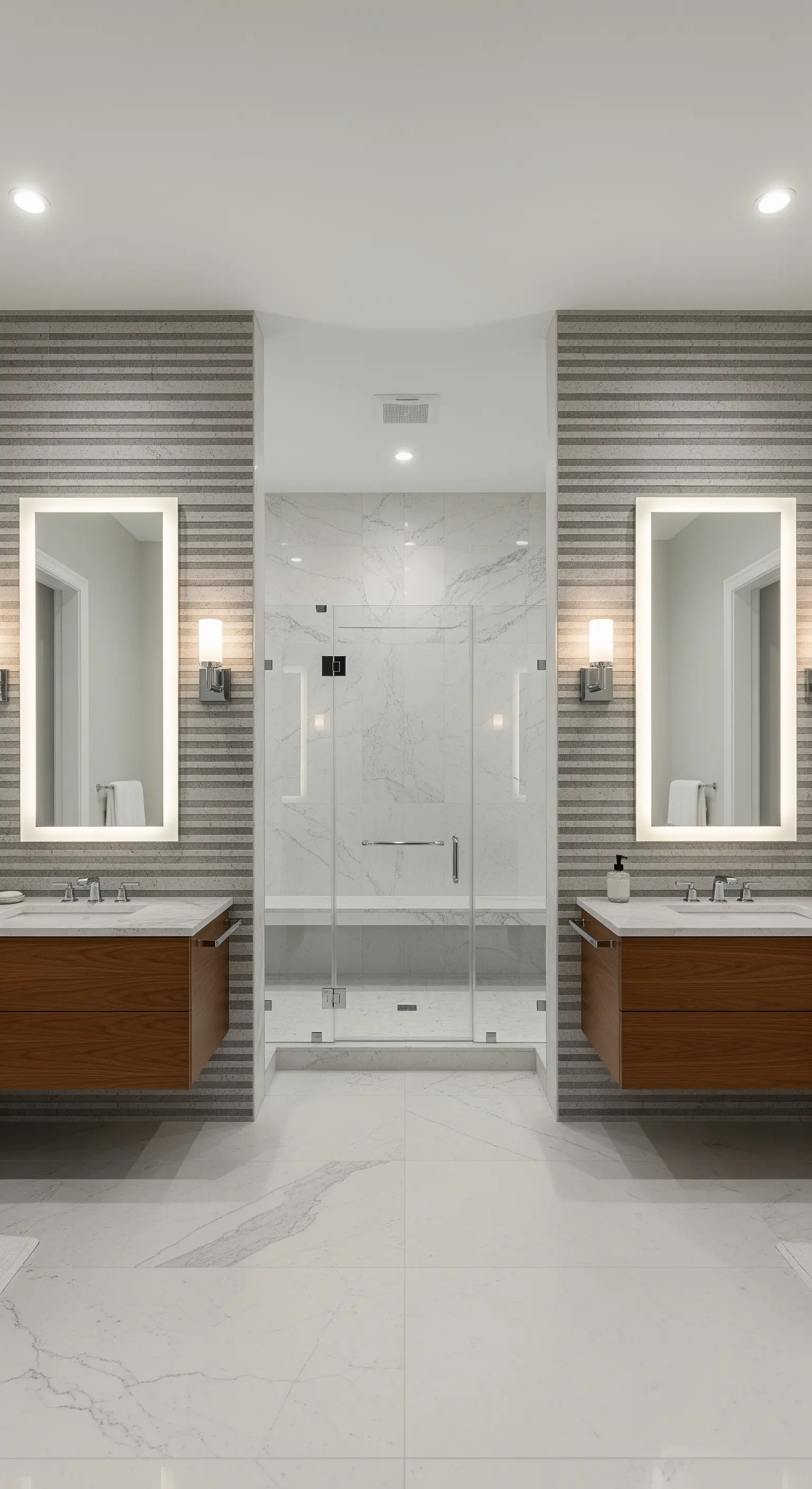 Symmetrisches Badezimmer mit zwei LED-Spiegeln, zwei Waschtischen und einer zentralen Dusche.