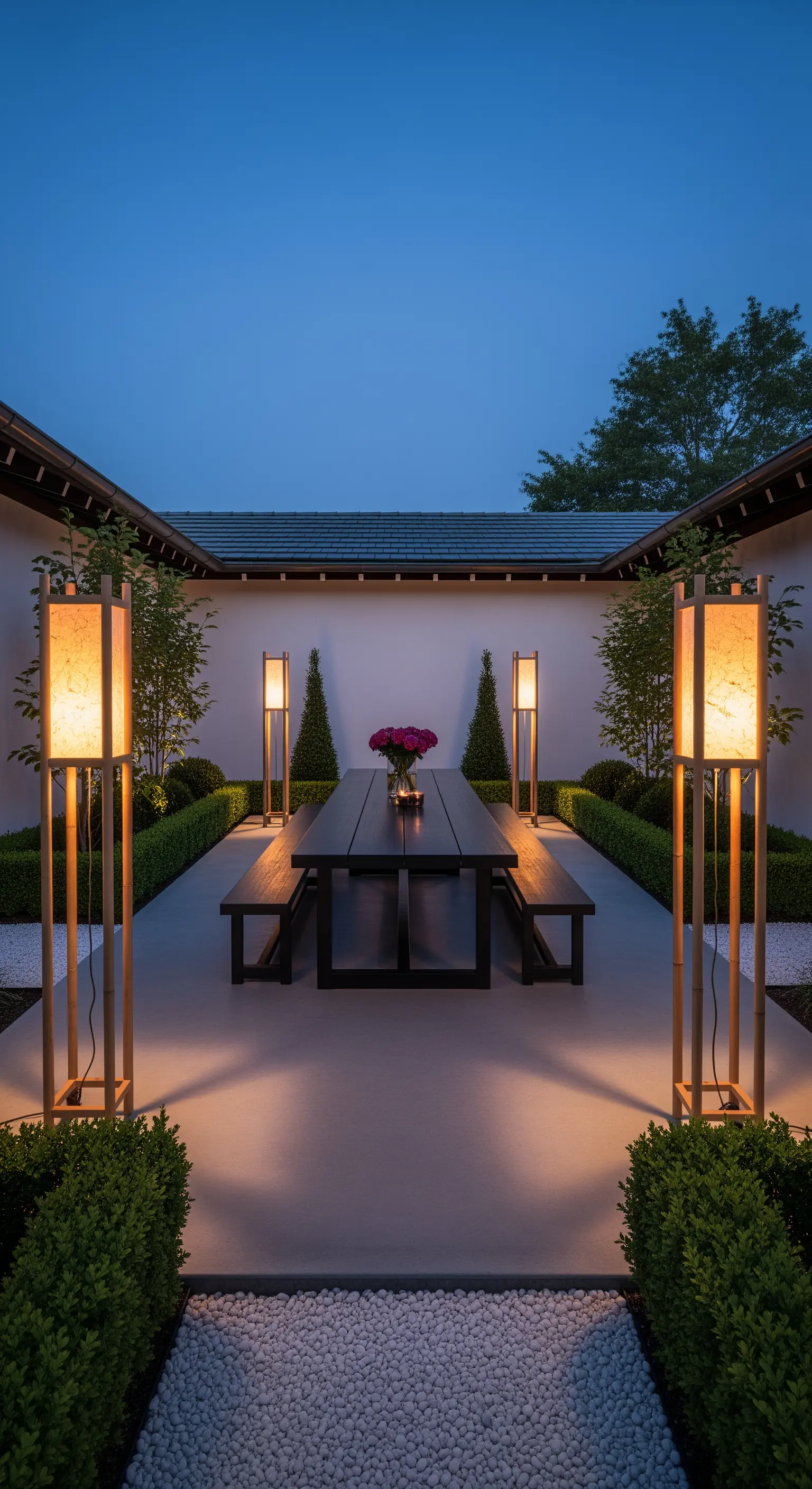 Symmetrischer Outdoor-Essbereich mit hohen Laternen und dunklem Holztisch