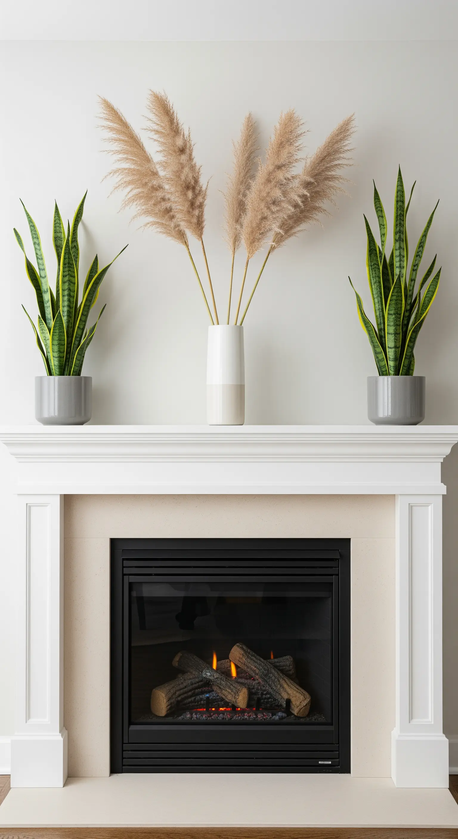 Symmetrische Kamin-Deko mit einer zentralen Vase Pampasgras, flankiert von zwei Bogenhanf-Pflanzen