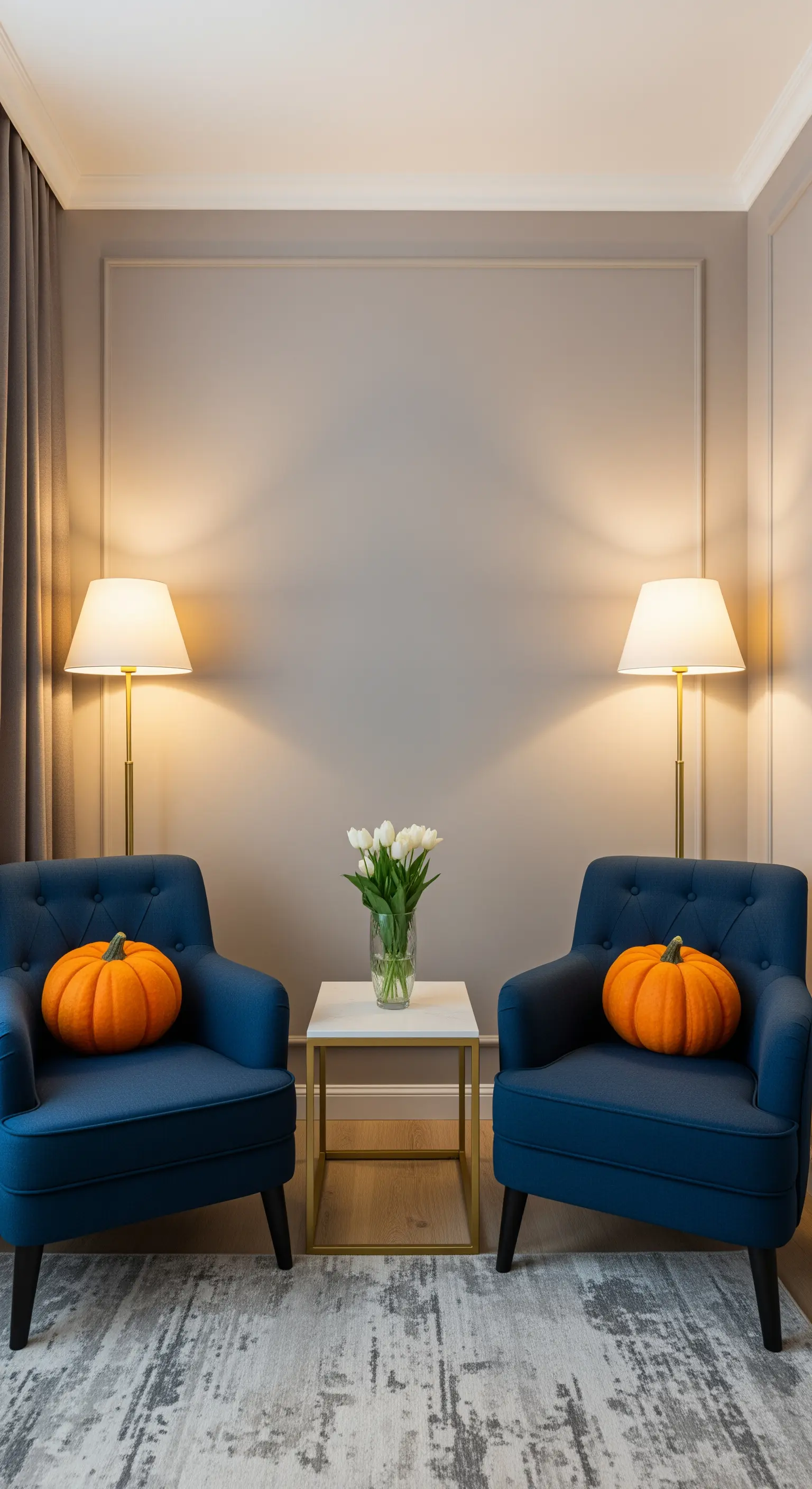 Blaue Sessel mit orangefarbenen Kürbissen, Goldlampen und weißen Tulpen.