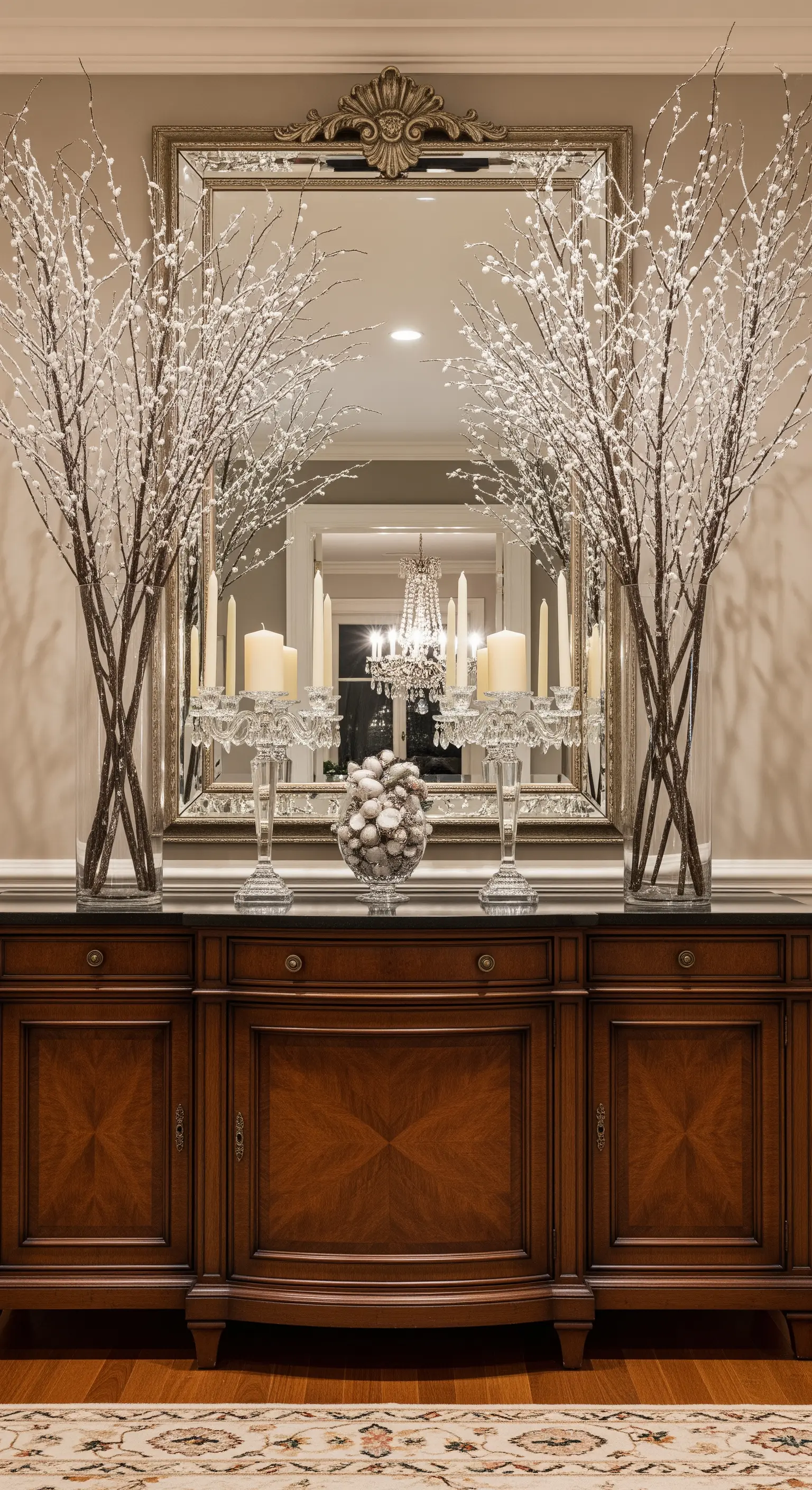 Opulente Weihnachtsdeko mit schneebedeckten Zweigen und Kristall-Kerzenleuchtern.