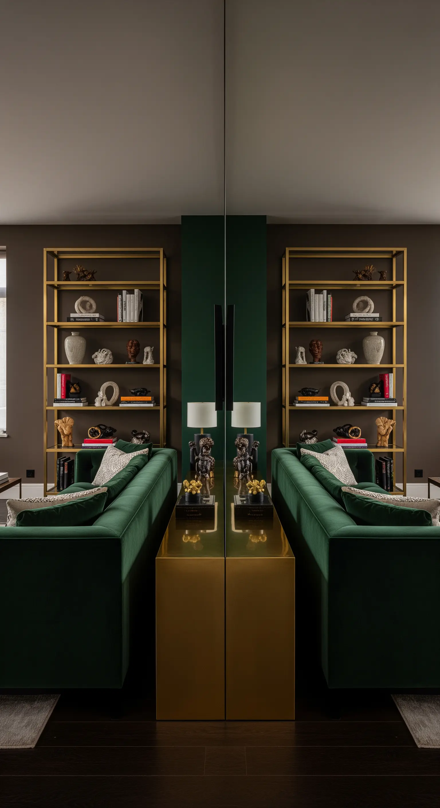 Symmetrische goldene Regalwände, zentrale Spiegelfläche, grünes Samtsofa