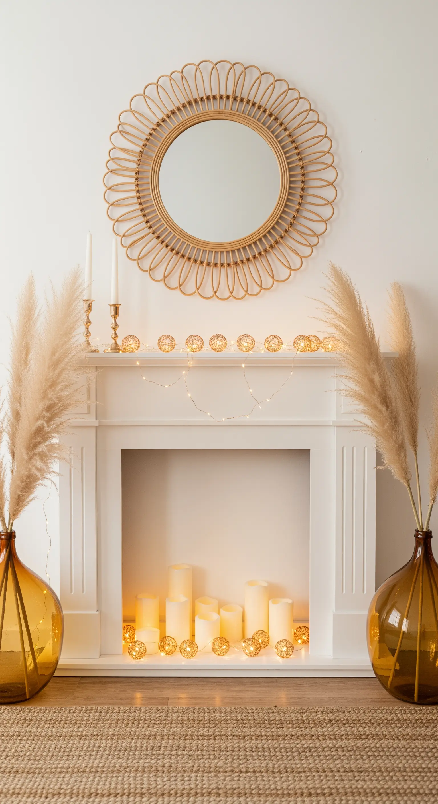 Symmetrische Kamin-Deko mit Bernsteinvasen und Pampasgras