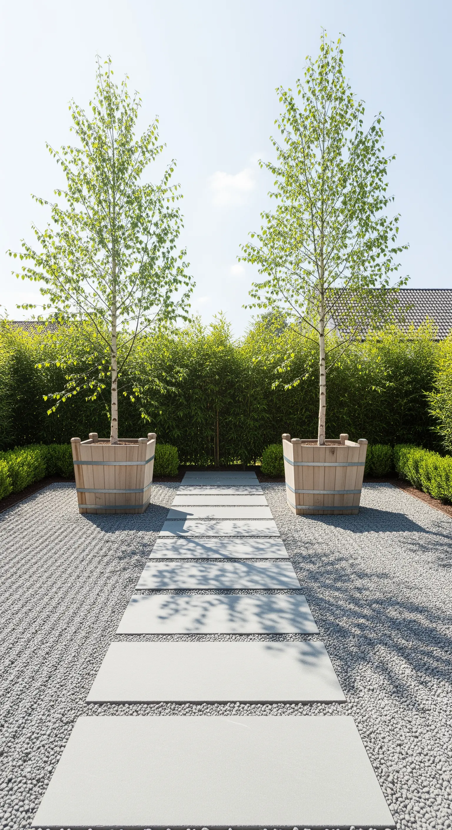 Symmetrischer Birkenweg mit Betonplatten, Kies und Hecke